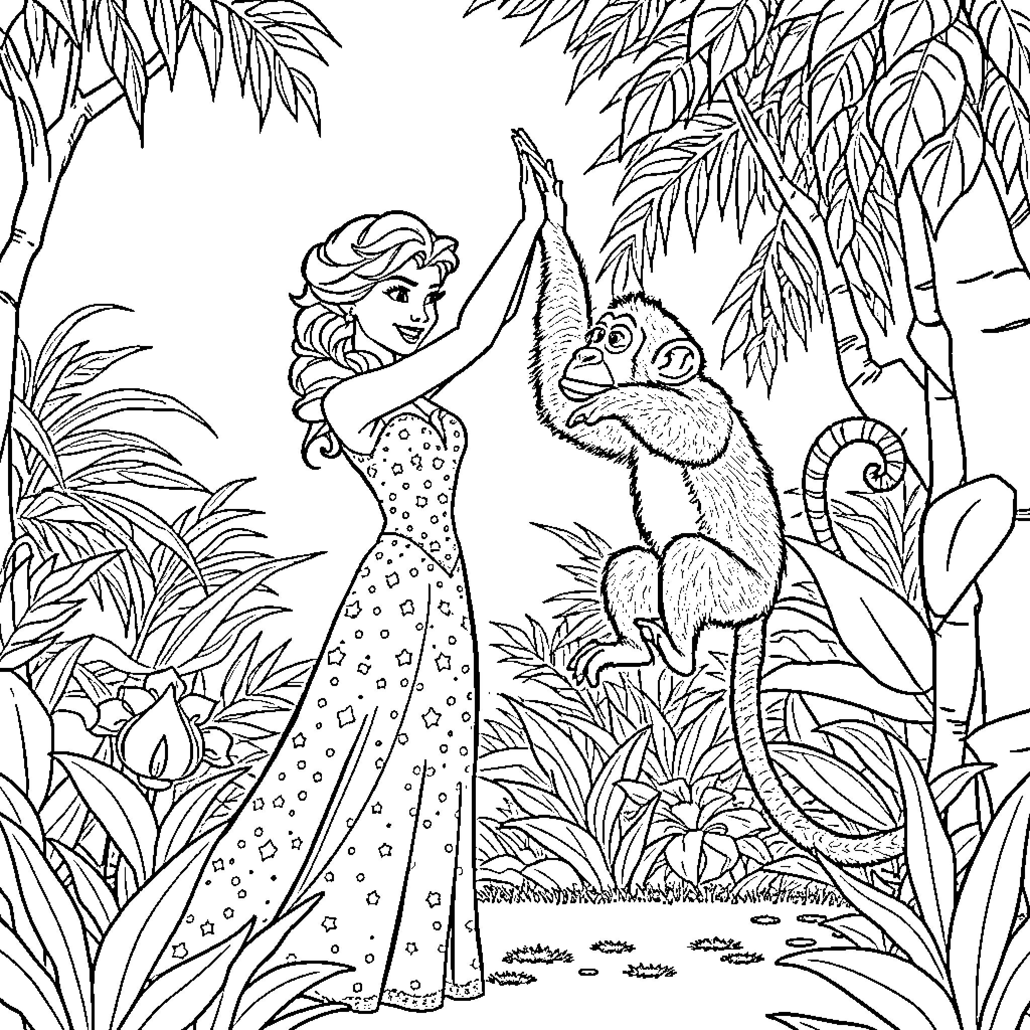 Elsa's Jungle Adventure with Monkey Friend Coloring Page (free black-and-white line drawing printable PDF for all, from beginners to advanced learners, including children, teens, adults, and seniors)