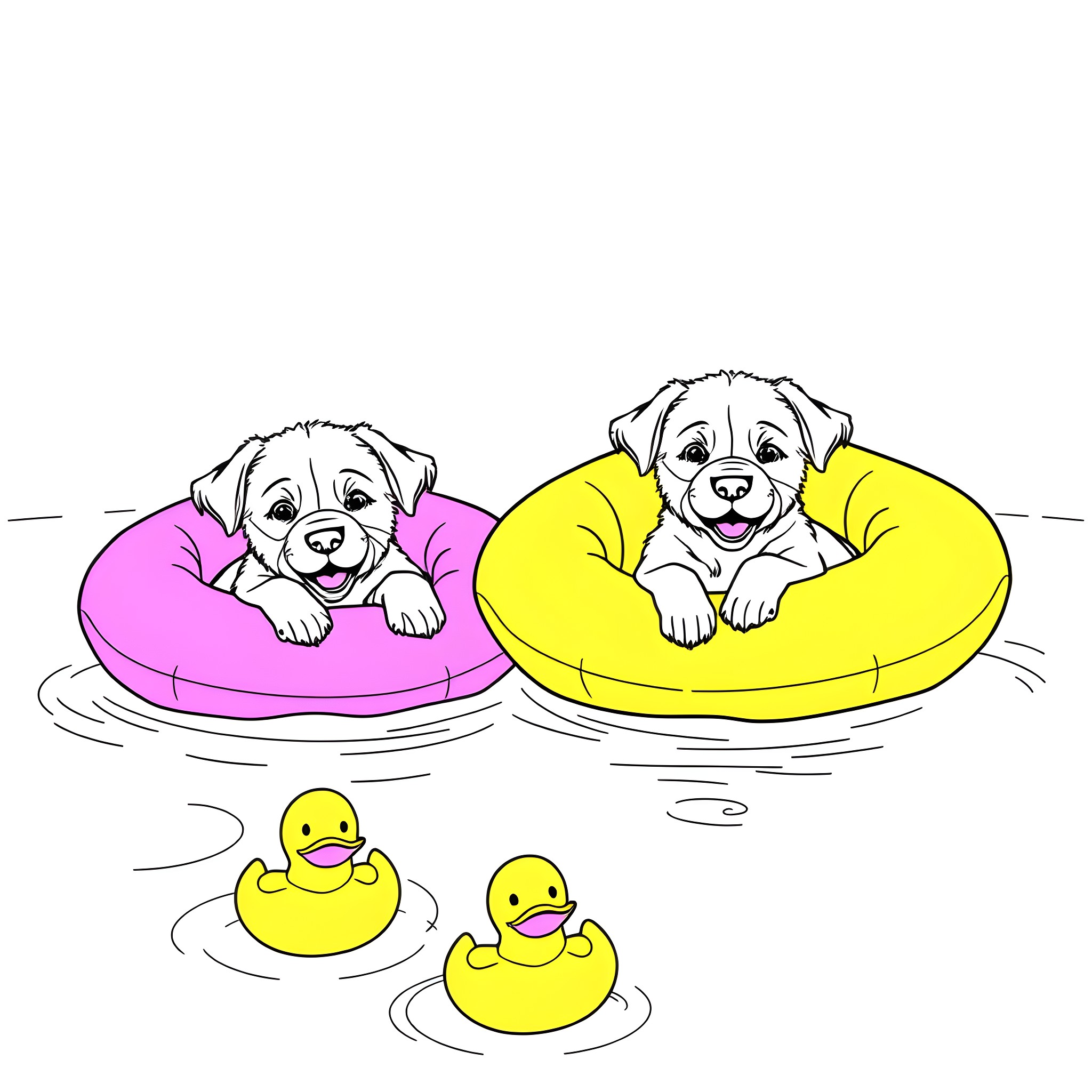 Puppies relaxing in colorful beds with ducklings Coloring Page (free black-and-white line drawing printable PDF for all, from beginners to advanced learners, including children, teens, adults, and seniors)
