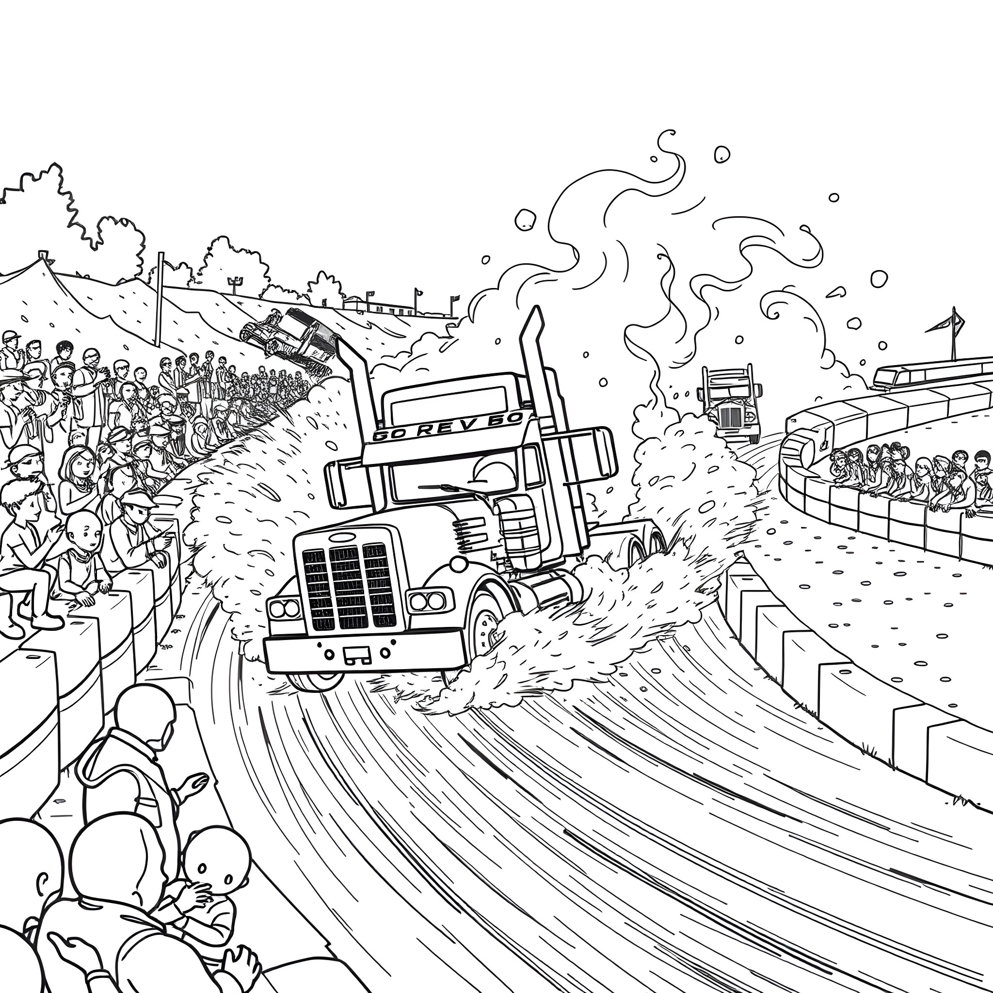 Truck racing through an obstacle course in front of a crowd Coloring Page (free black-and-white line drawing printable PDF for all, from beginners to advanced learners, including children, teens, adults, and seniors)