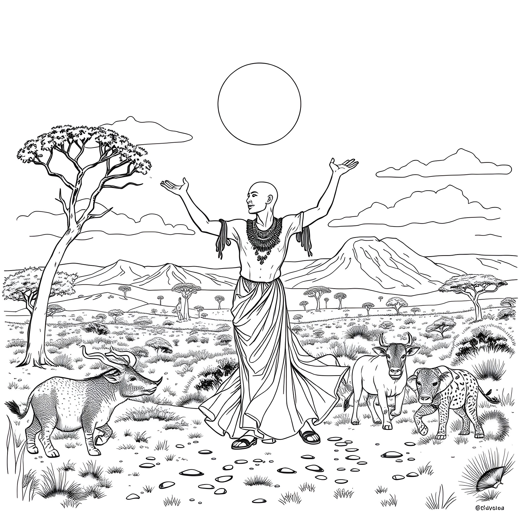 Charles Oliveira in Serene African Landscape Coloring Page (free black-and-white line drawing printable PDF for all, from beginners to advanced learners, including children, teens, adults, and seniors)