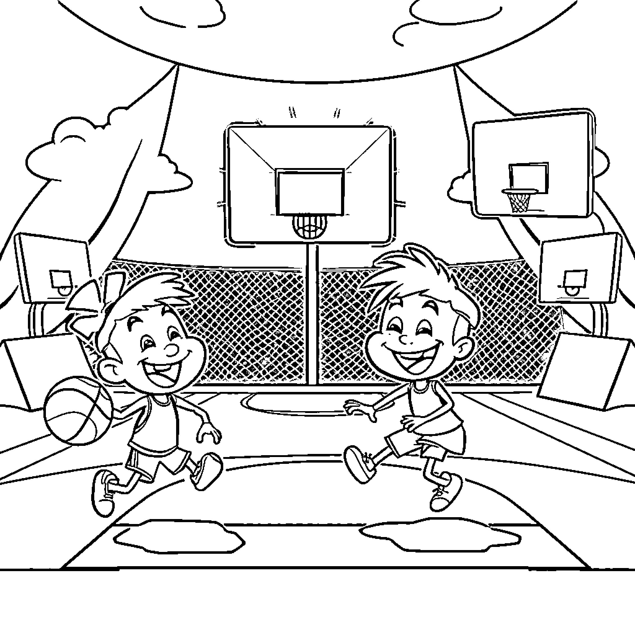 Sprunki's Basketball Fun Coloring Page (free black-and-white line drawing printable PDF for all, from beginners to advanced learners, including children, teens, adults, and seniors)