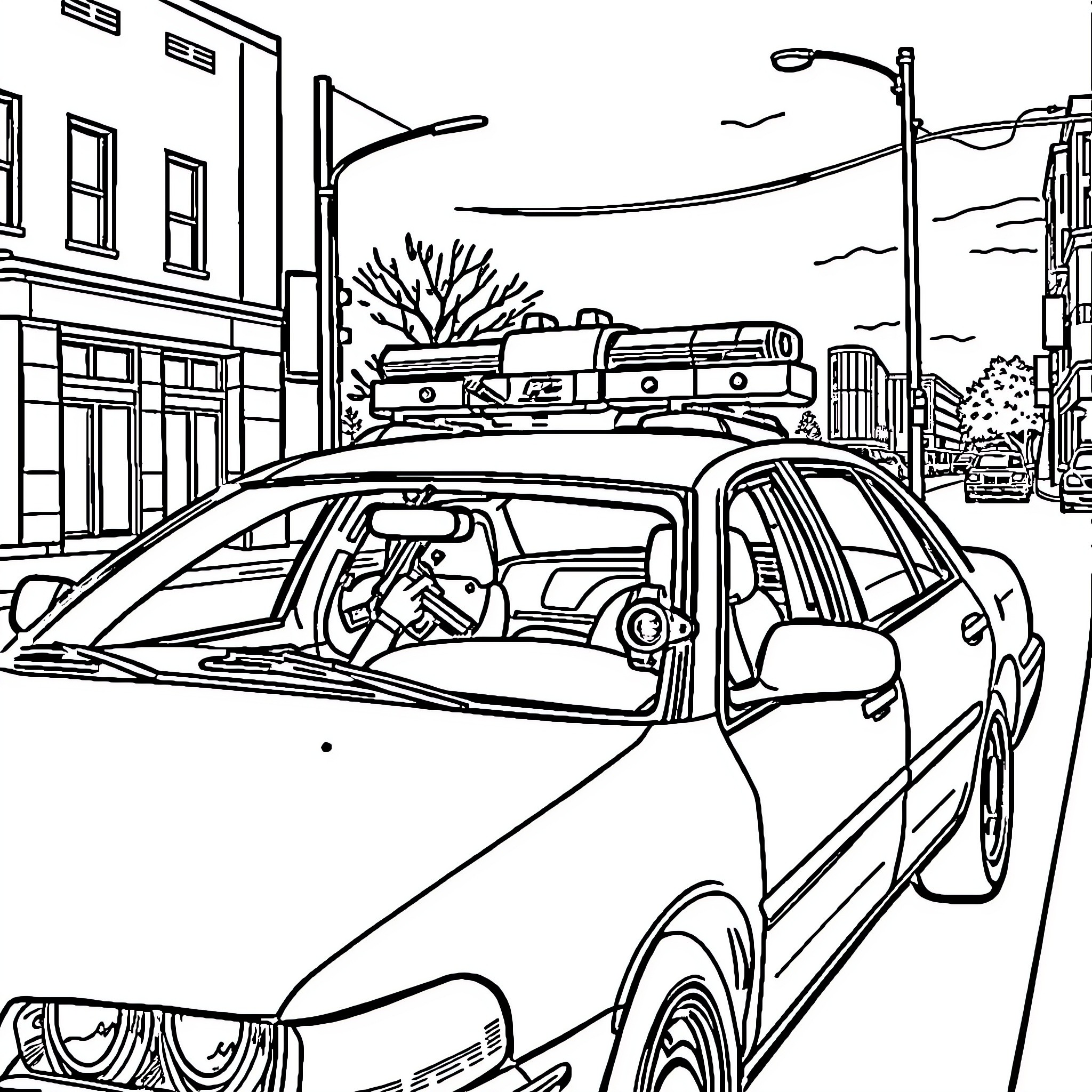 Police Car on Emergency Response in the City Coloring Page (free black-and-white line drawing printable PDF for all, from beginners to advanced learners, including children, teens, adults, and seniors)
