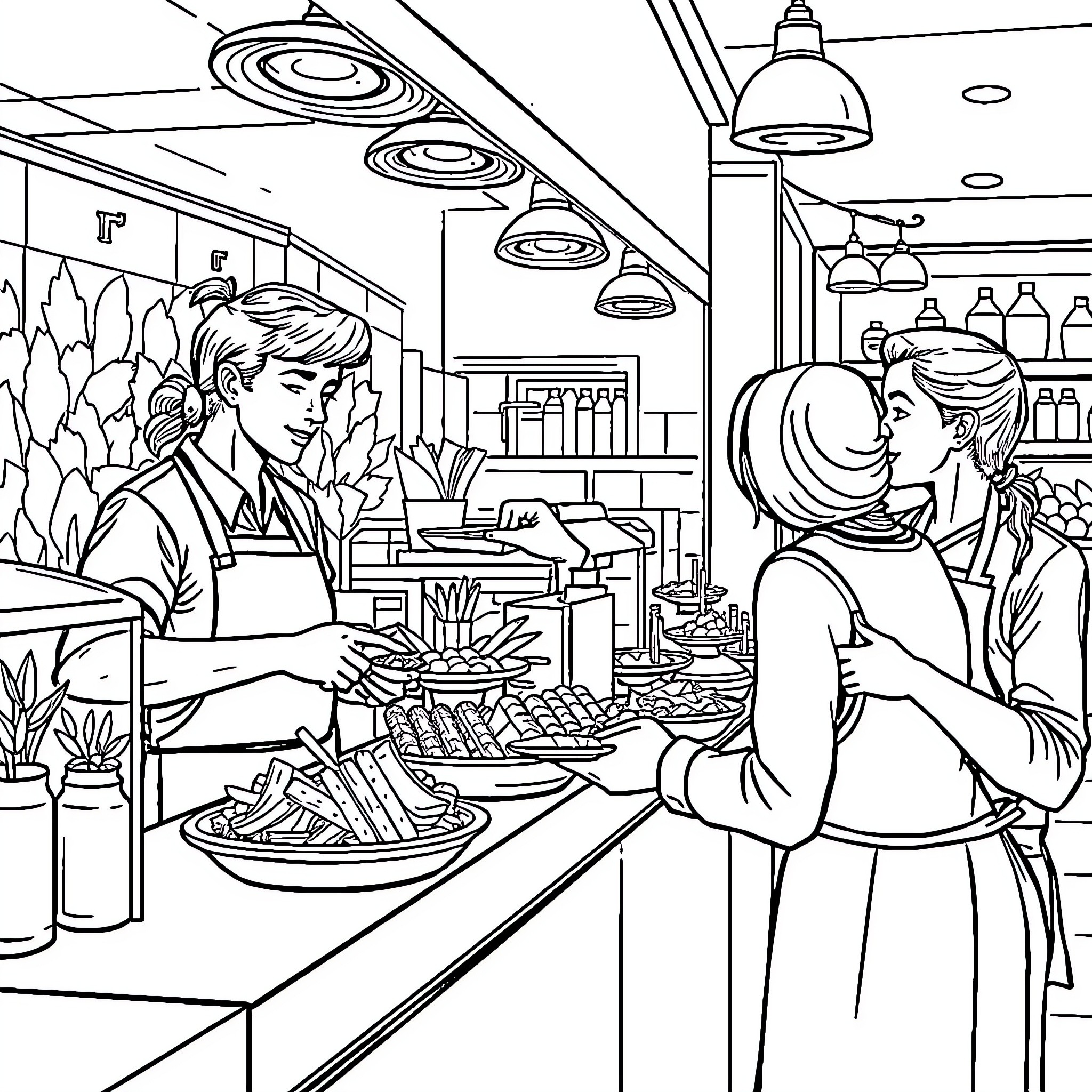 Server assisting customer at a restaurant counter Coloring Page (free black-and-white line drawing printable PDF for all, from beginners to advanced learners, including children, teens, adults, and seniors)