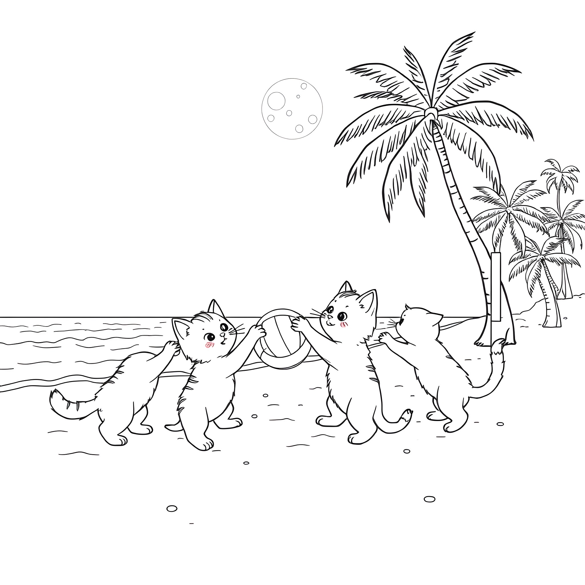 Kitty playing on the beach at night Coloring Page (free black-and-white line drawing printable PDF for all, from beginners to advanced learners, including children, teens, adults, and seniors)
