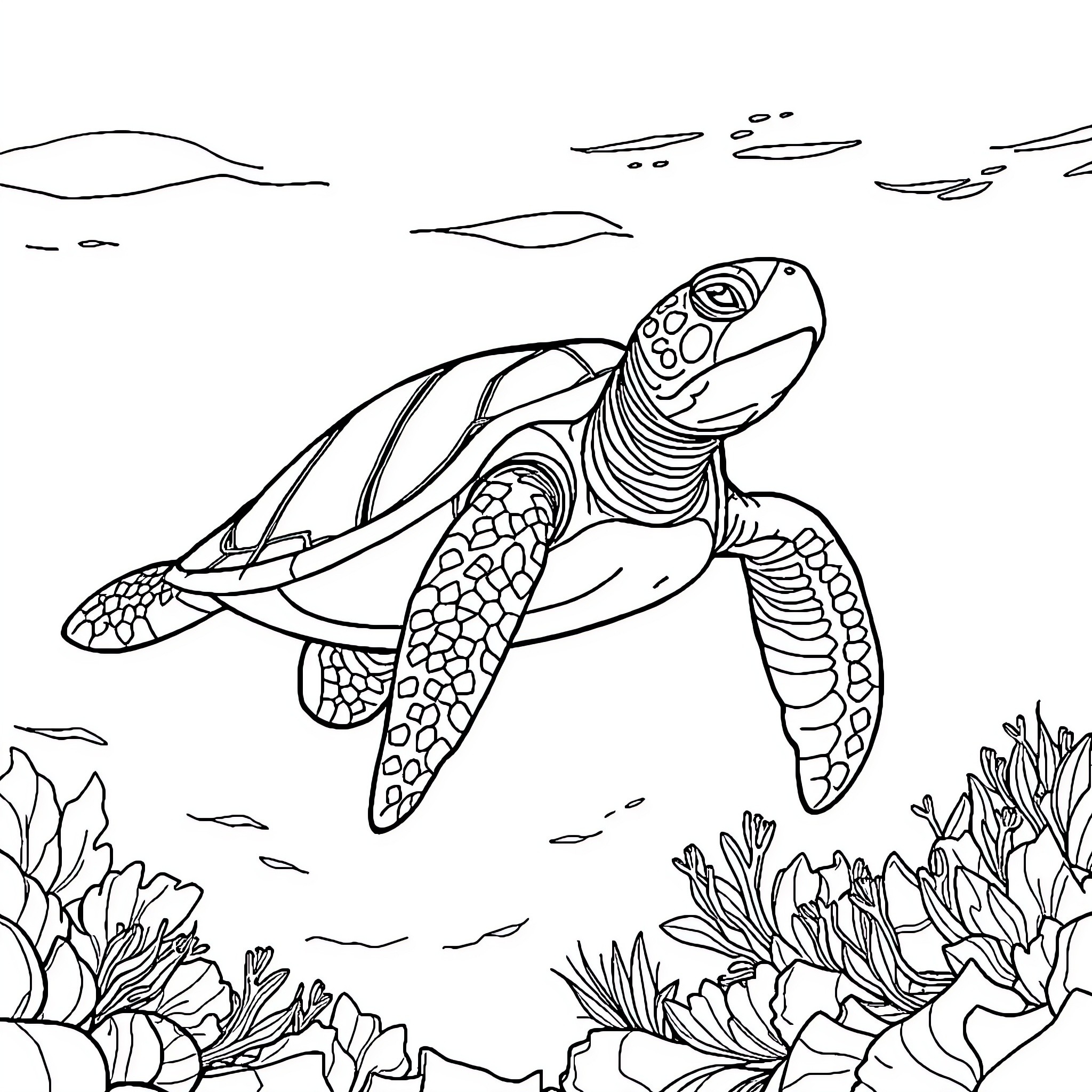 Turtle swimming gracefully in the sea Coloring Page (free black-and-white line drawing printable PDF for all, from beginners to advanced learners, including children, teens, adults, and seniors)