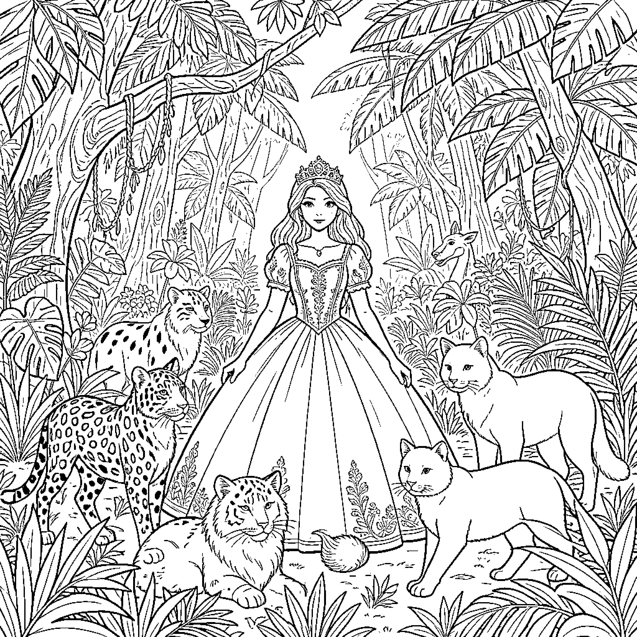 Princess standing gracefully among wild jungle animals Coloring Page (free black-and-white line drawing printable PDF for all, from beginners to advanced learners, including children, teens, adults, and seniors)