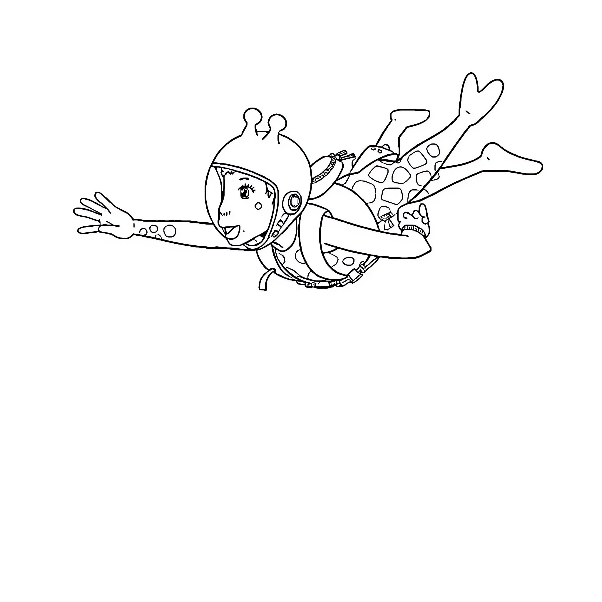 Giraffe flying with jetpack Coloring Page (free black-and-white line drawing printable PDF for all, from beginners to advanced learners, including children, teens, adults, and seniors)