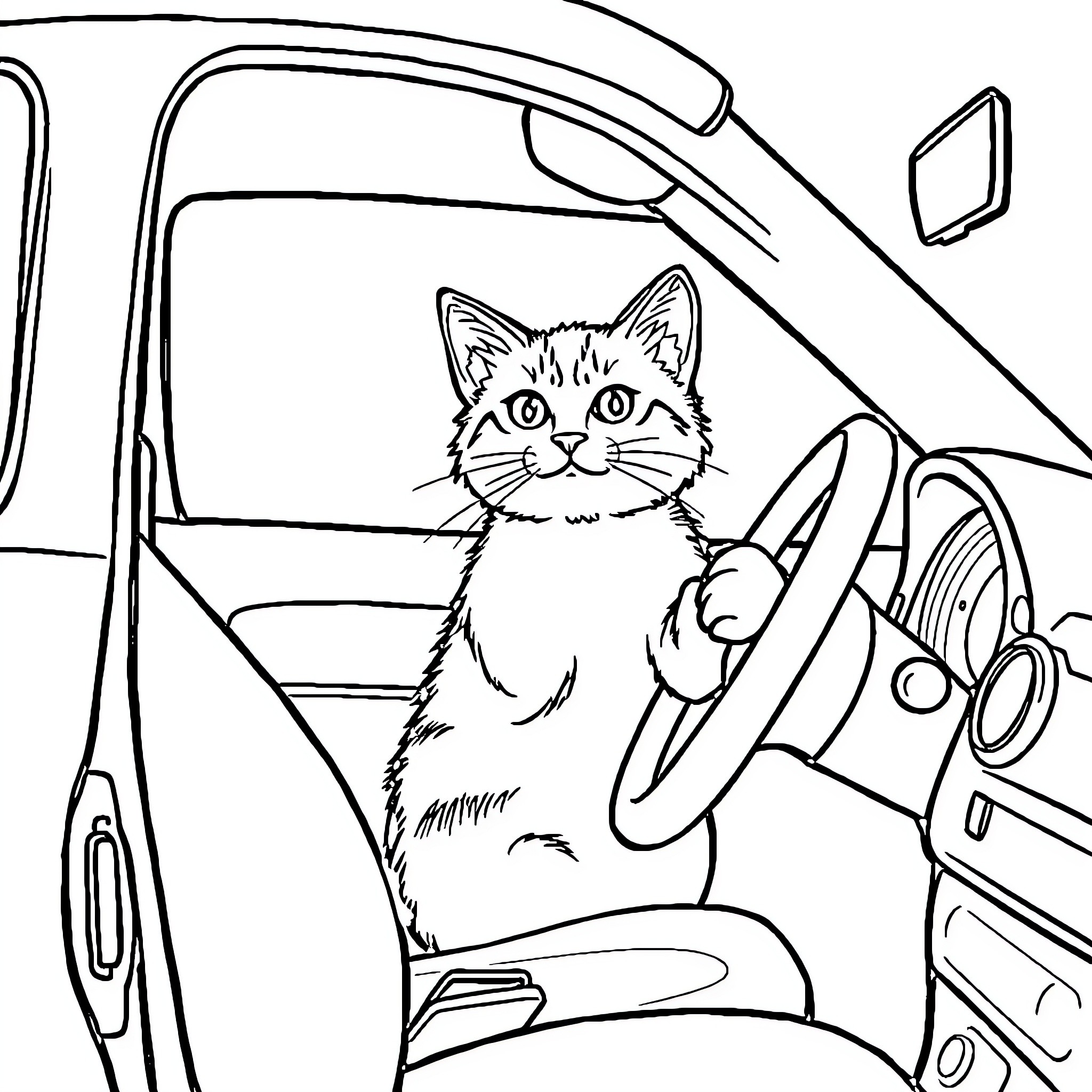 Cat driving a car Coloring Page (free black-and-white line drawing printable PDF for all, from beginners to advanced learners, including children, teens, adults, and seniors)