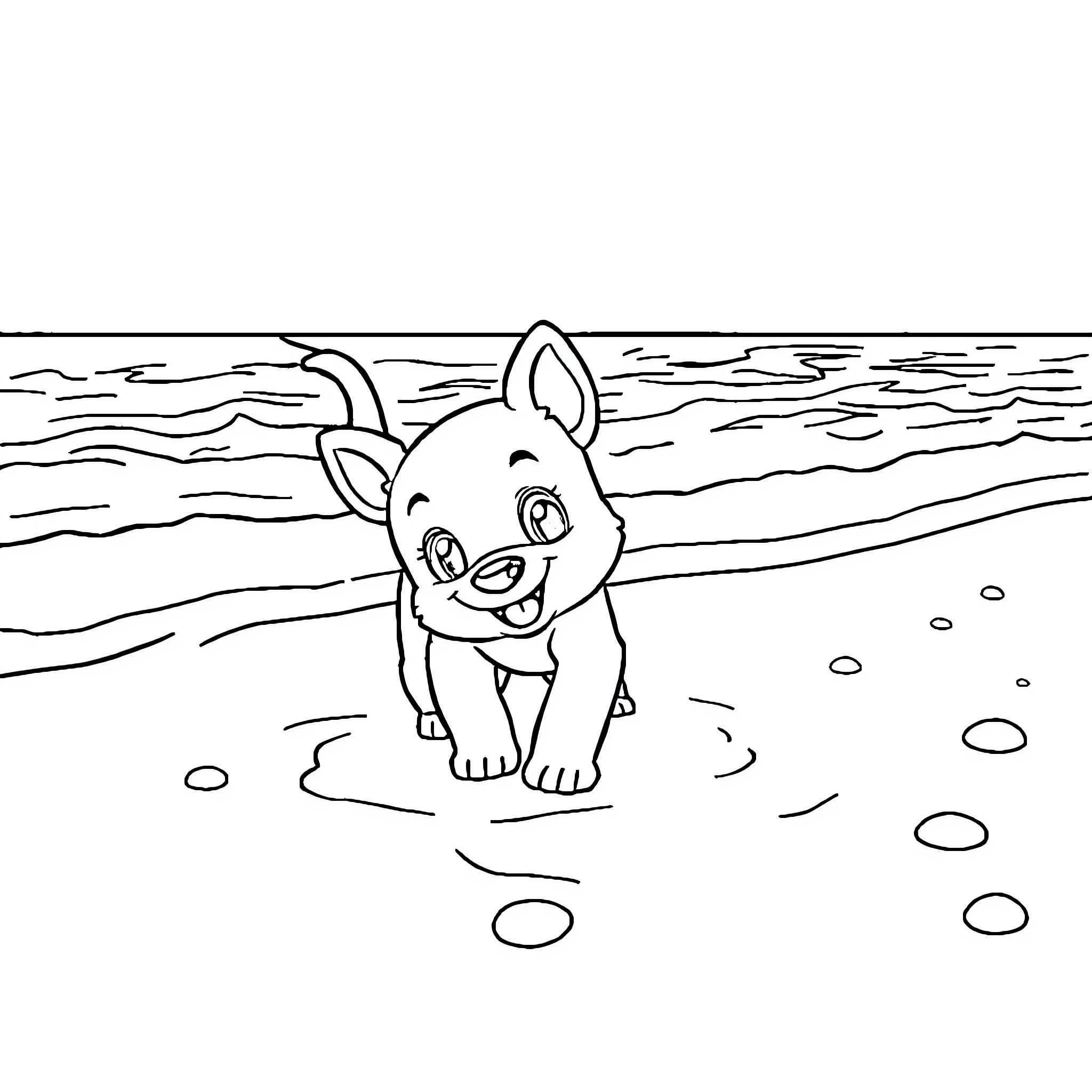 Bluey playing happily on the beach Coloring Page (free black-and-white line drawing printable PDF for all, from beginners to advanced learners, including children, teens, adults, and seniors)