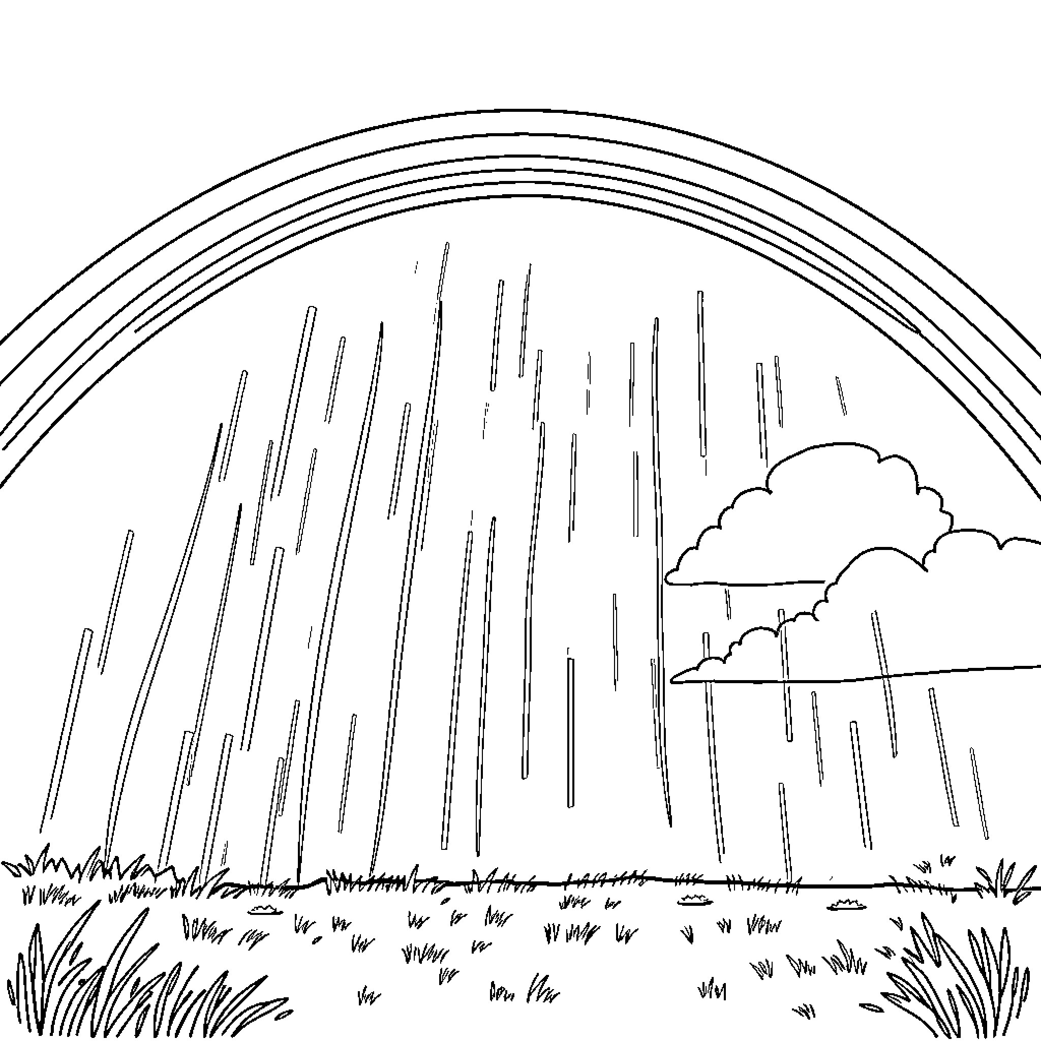Rainbow Landscape with Downpour and Nature Scenery Coloring Page (free black-and-white line drawing printable PDF for all, from beginners to advanced learners, including children, teens, adults, and seniors)