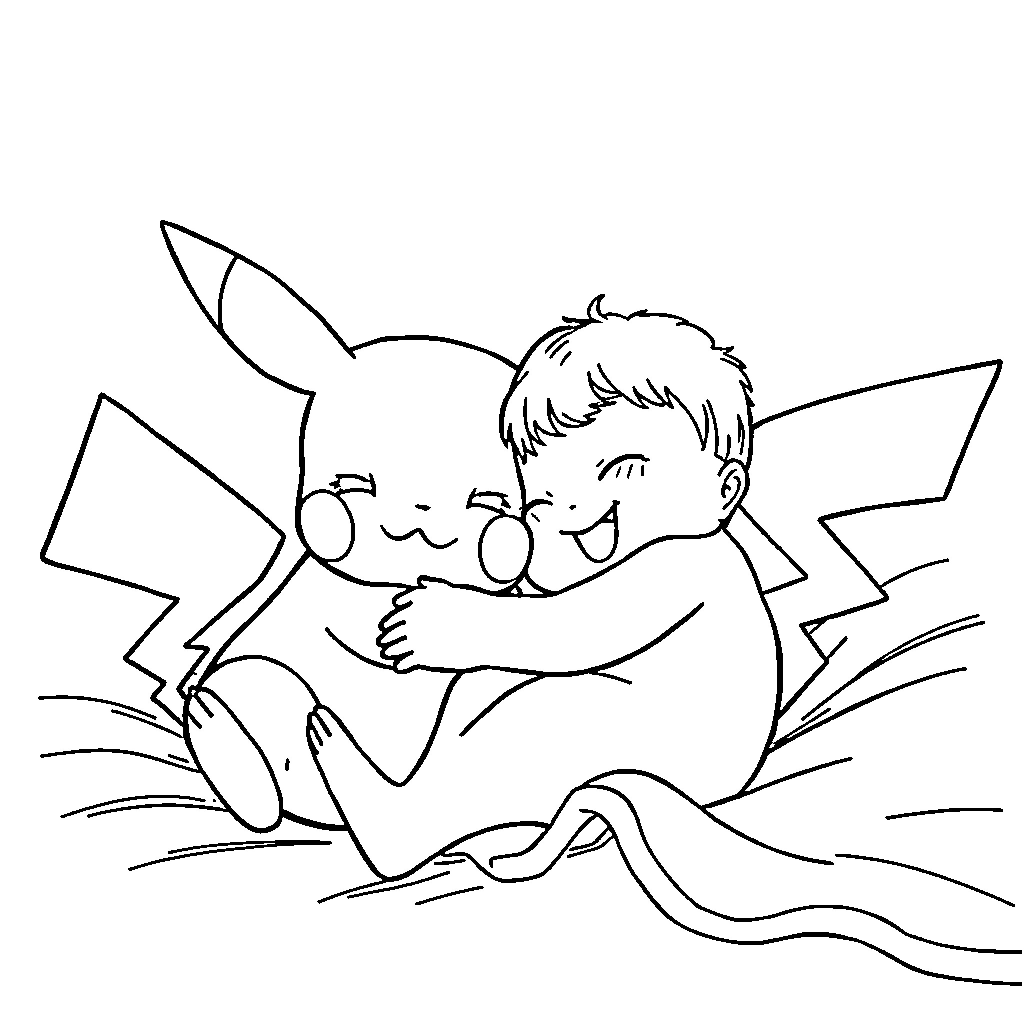 Pikachu hugging a sleeping child Coloring Page (free black-and-white line drawing printable PDF for all, from beginners to advanced learners, including children, teens, adults, and seniors)