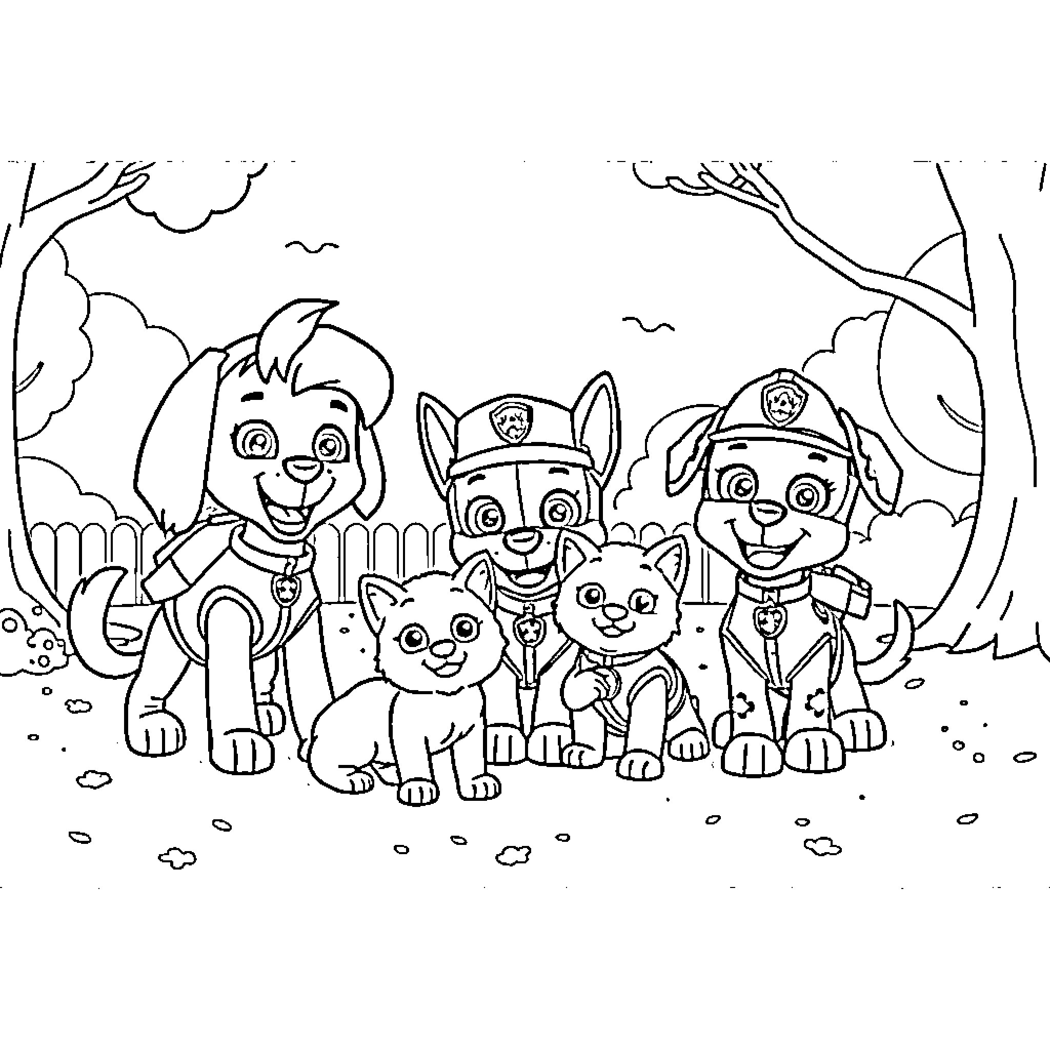 Paw Patrol characters in action-packed outdoor scene Coloring Page (free black-and-white line drawing printable PDF for all, from beginners to advanced learners, including children, teens, adults, and seniors)