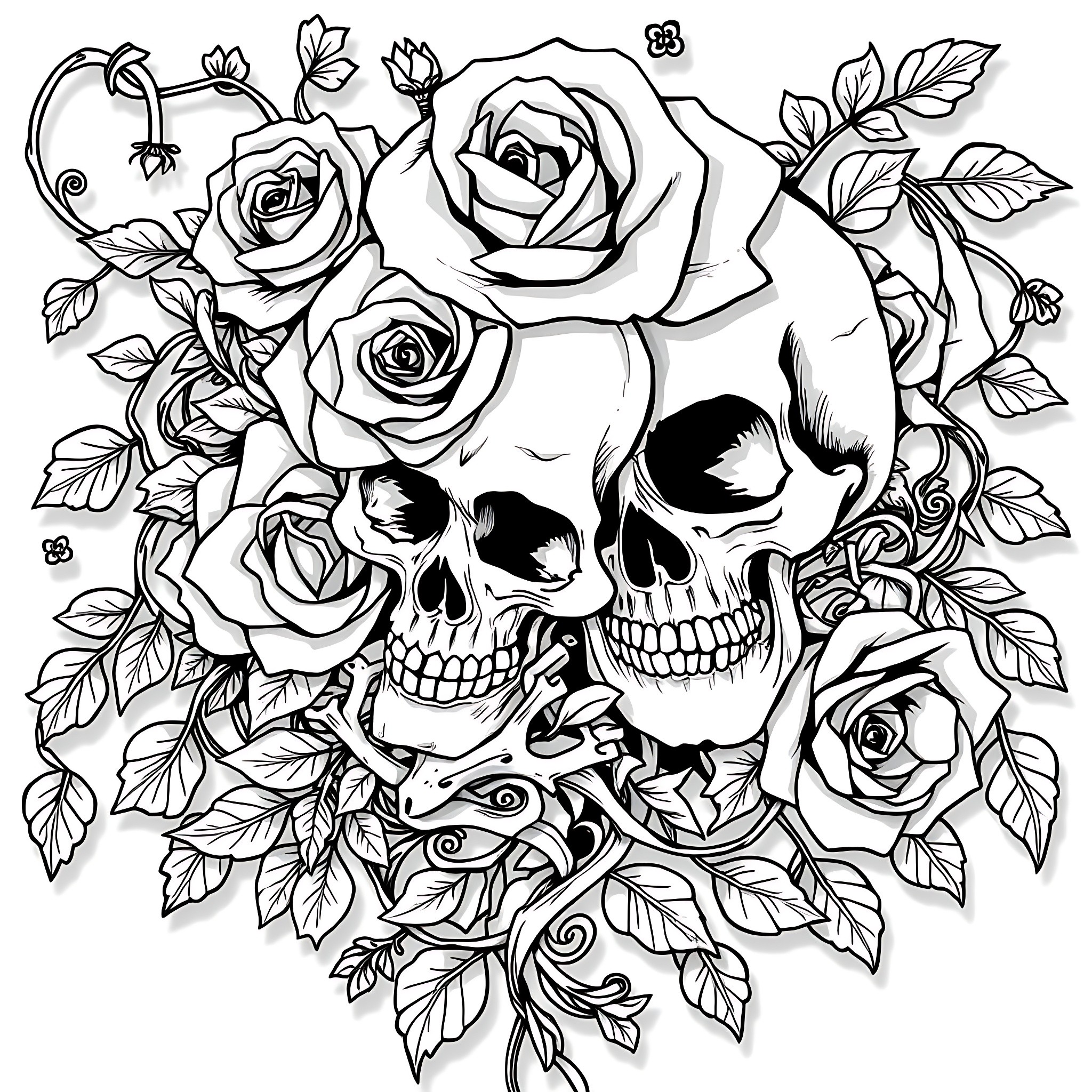 Rose Skull Surrounded by Floral Designs Coloring Page (free black-and-white line drawing printable PDF for all, from beginners to advanced learners, including children, teens, adults, and seniors)