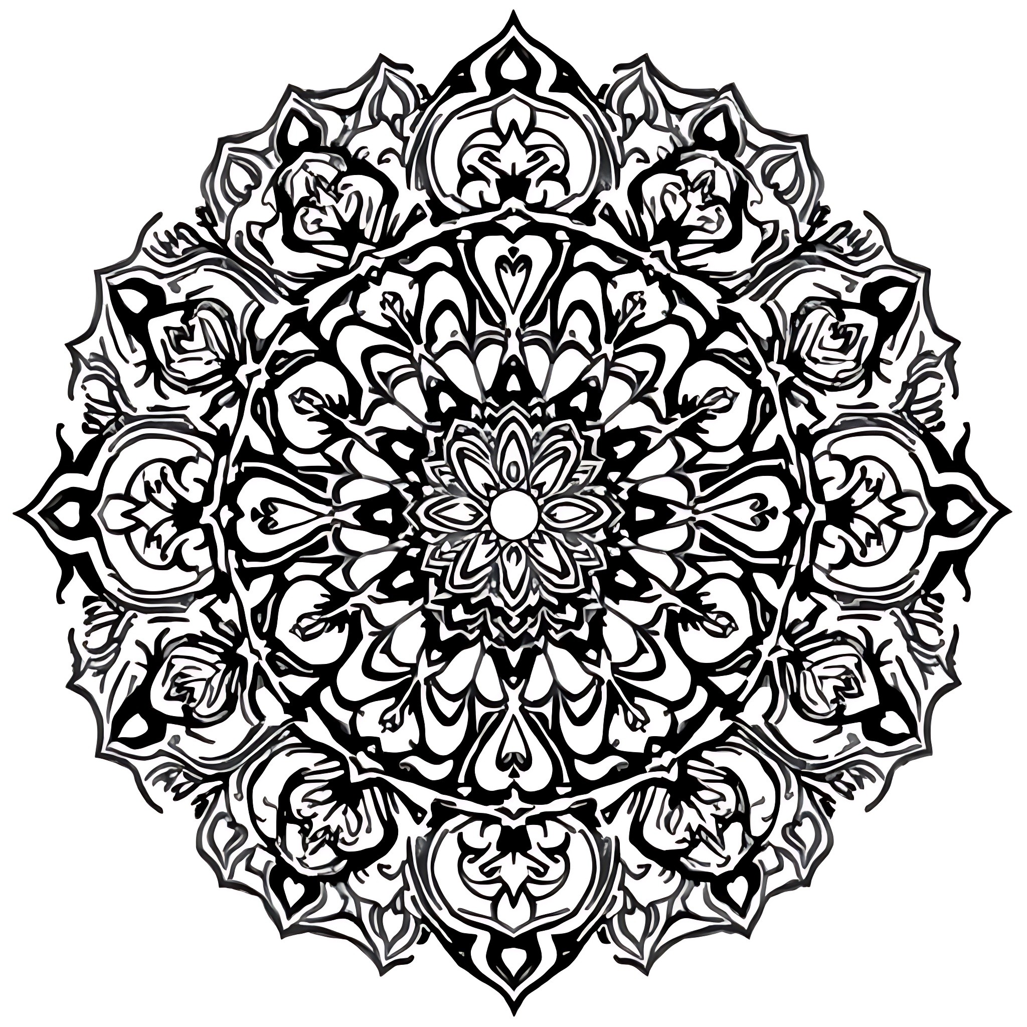 Mandala of intricate floral patterns Coloring Page (free black-and-white line drawing printable PDF for all, from beginners to advanced learners, including children, teens, adults, and seniors)