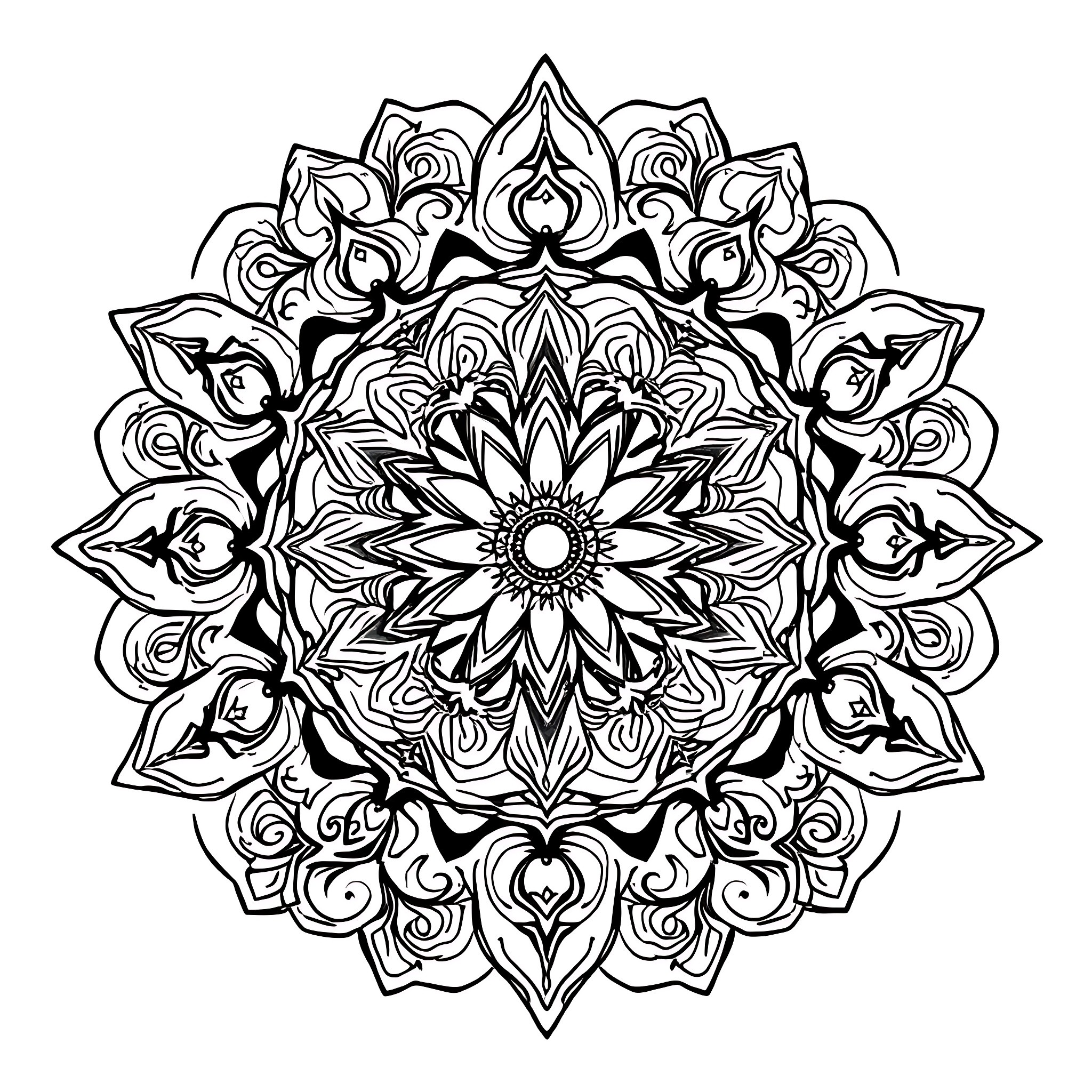 Mandala with intricate floral patterns and ornamental designs Coloring Page (free black-and-white line drawing printable PDF for all, from beginners to advanced learners, including children, teens, adults, and seniors)
