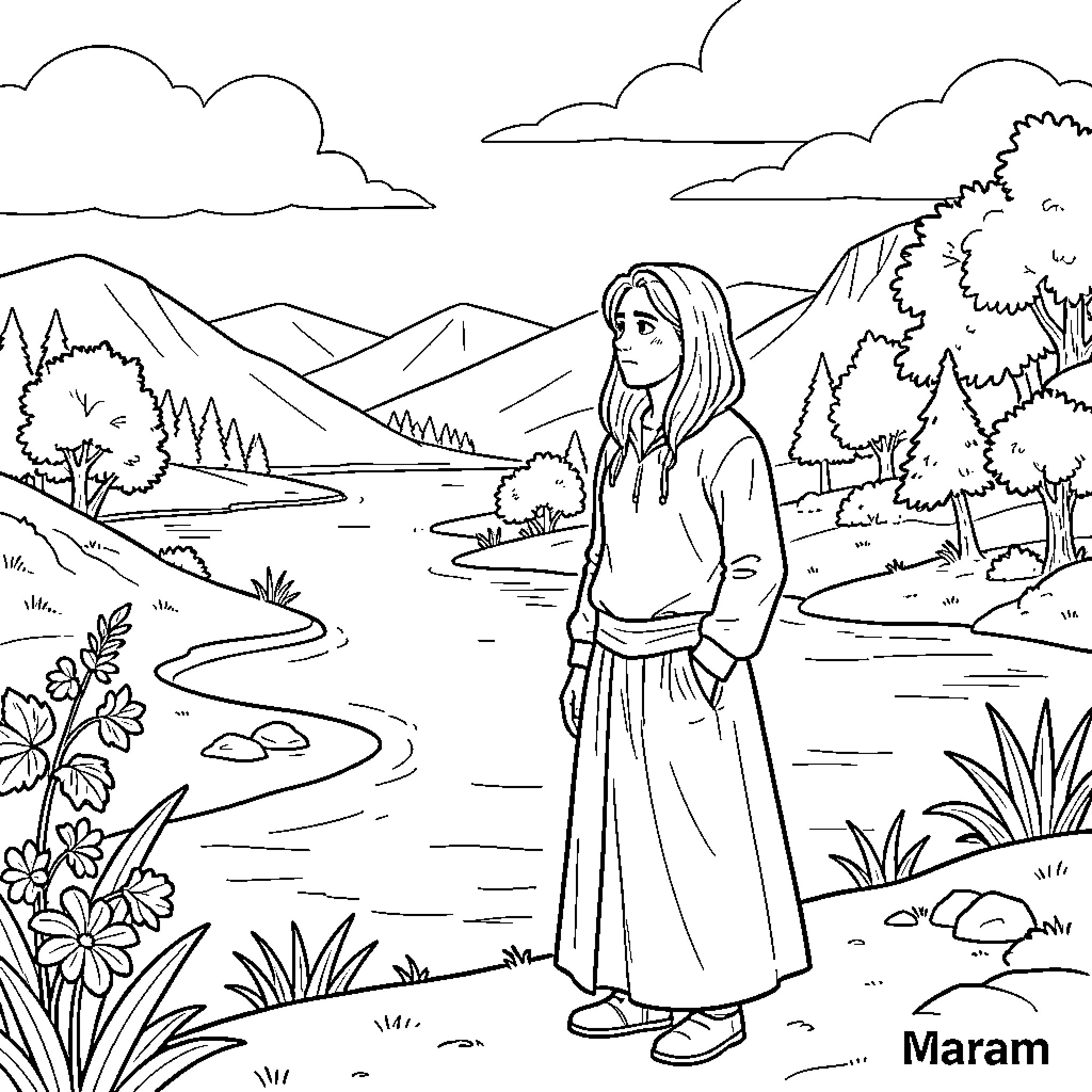 Iline girl standing pensively by a peaceful river Coloring Page (free black-and-white line drawing printable PDF for all, from beginners to advanced learners, including children, teens, adults, and seniors)