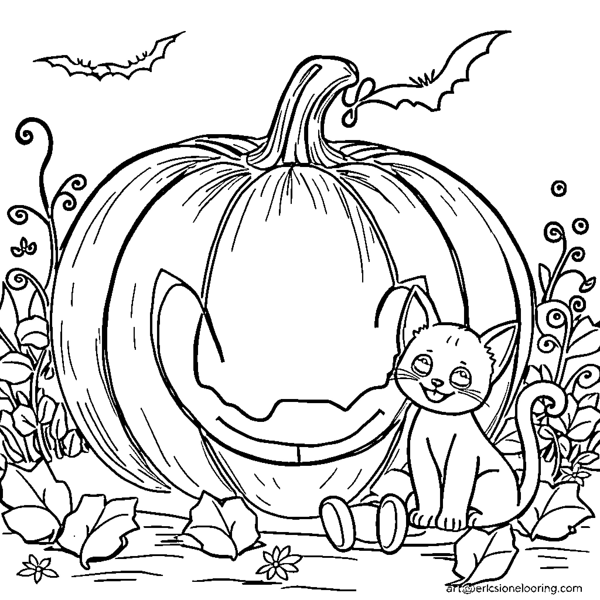 Pumpkin with playful cat and spooky bats Coloring Page (free black-and-white line drawing printable PDF for all, from beginners to advanced learners, including children, teens, adults, and seniors)