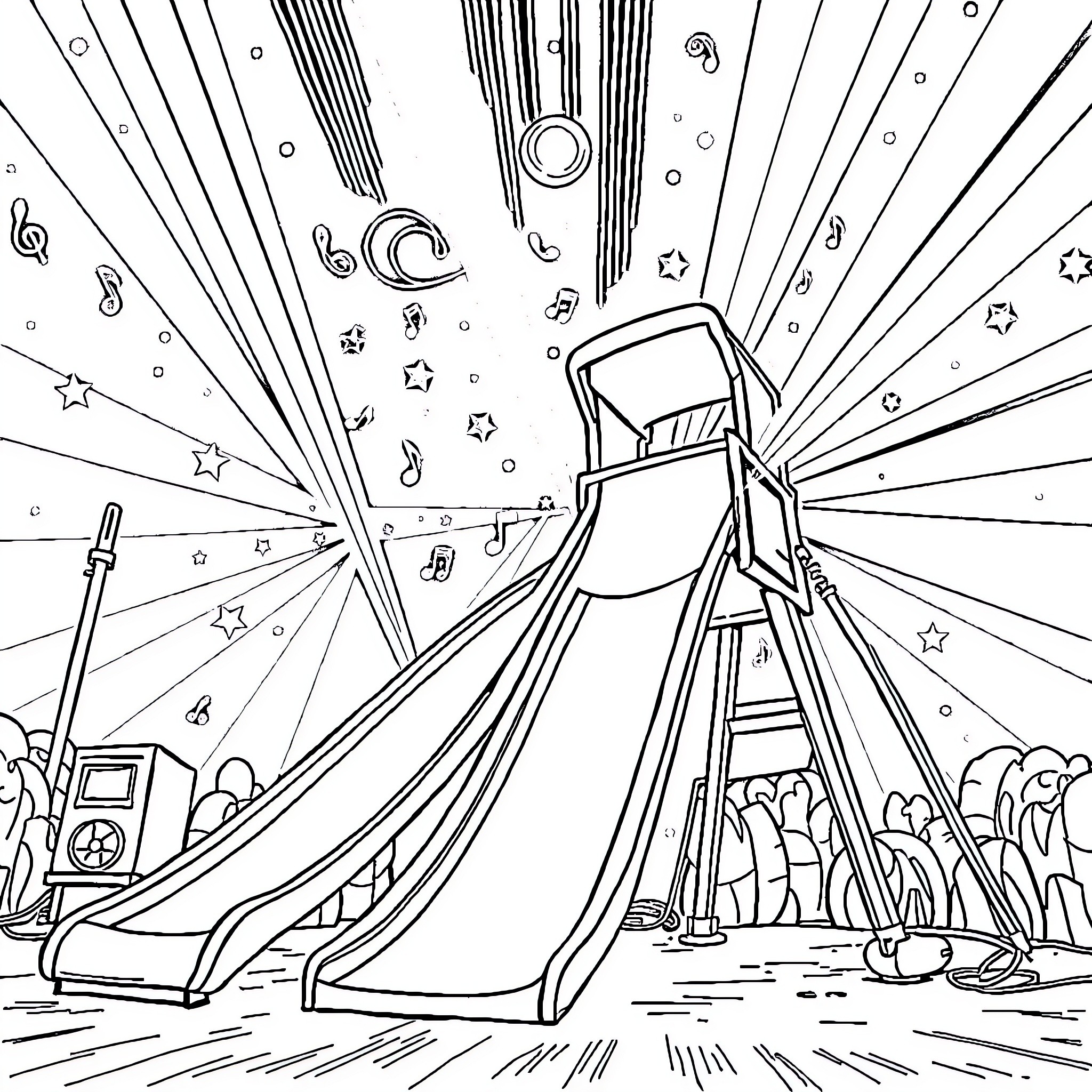 K Pop Idol's Vibrant Performance on Stage Coloring Page (free black-and-white line drawing printable PDF for all, from beginners to advanced learners, including children, teens, adults, and seniors)