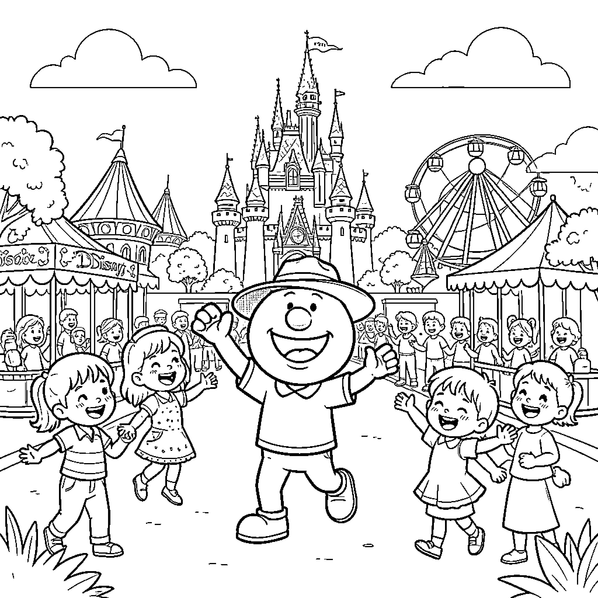 Pat a Mat Enjoys a Fun Day at the Amusement Park Coloring Page (free black-and-white line drawing printable PDF for all, from beginners to advanced learners, including children, teens, adults, and seniors)