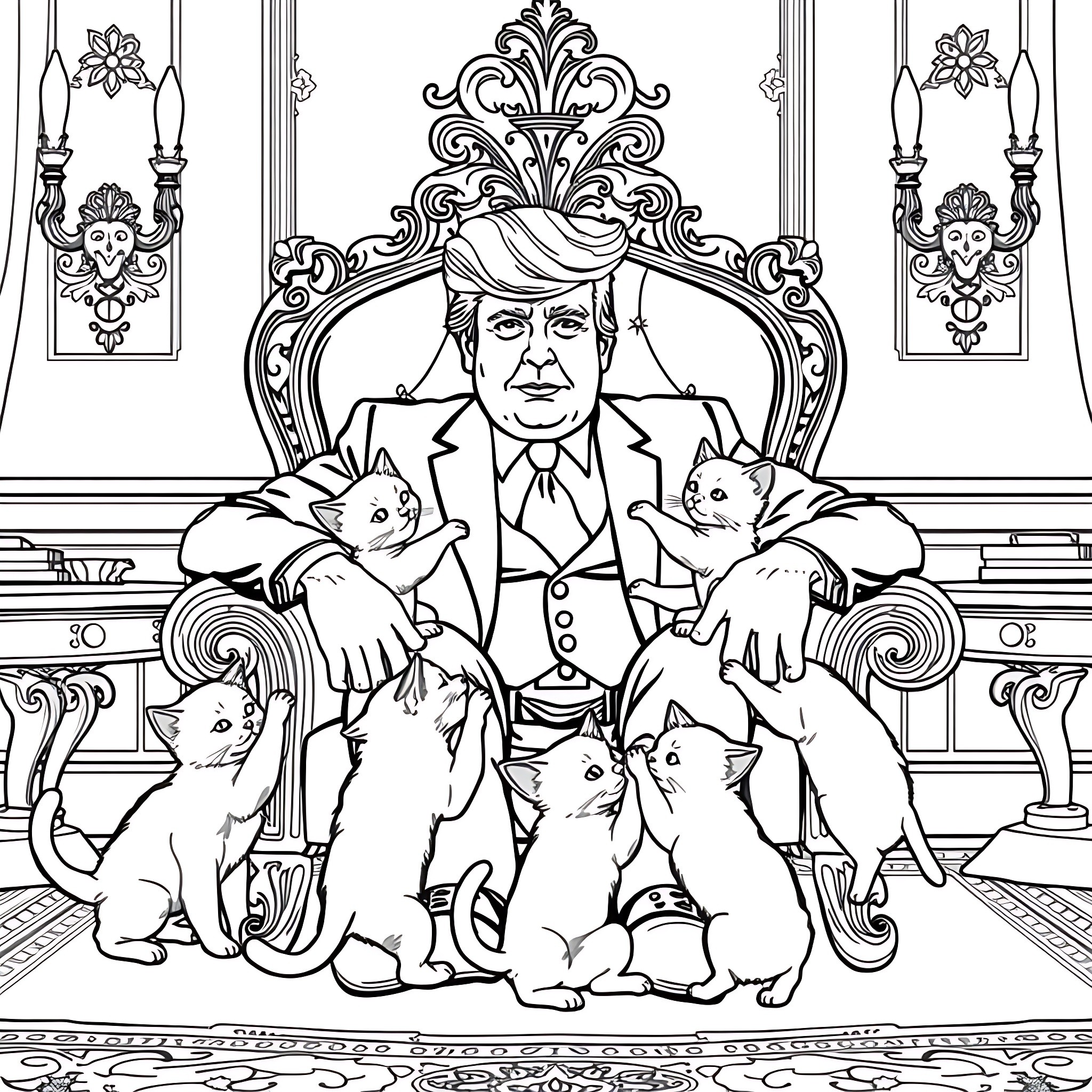 Donald Trump surrounded by cats in an ornate throne room Coloring Page (free black-and-white line drawing printable PDF for all, from beginners to advanced learners, including children, teens, adults, and seniors)