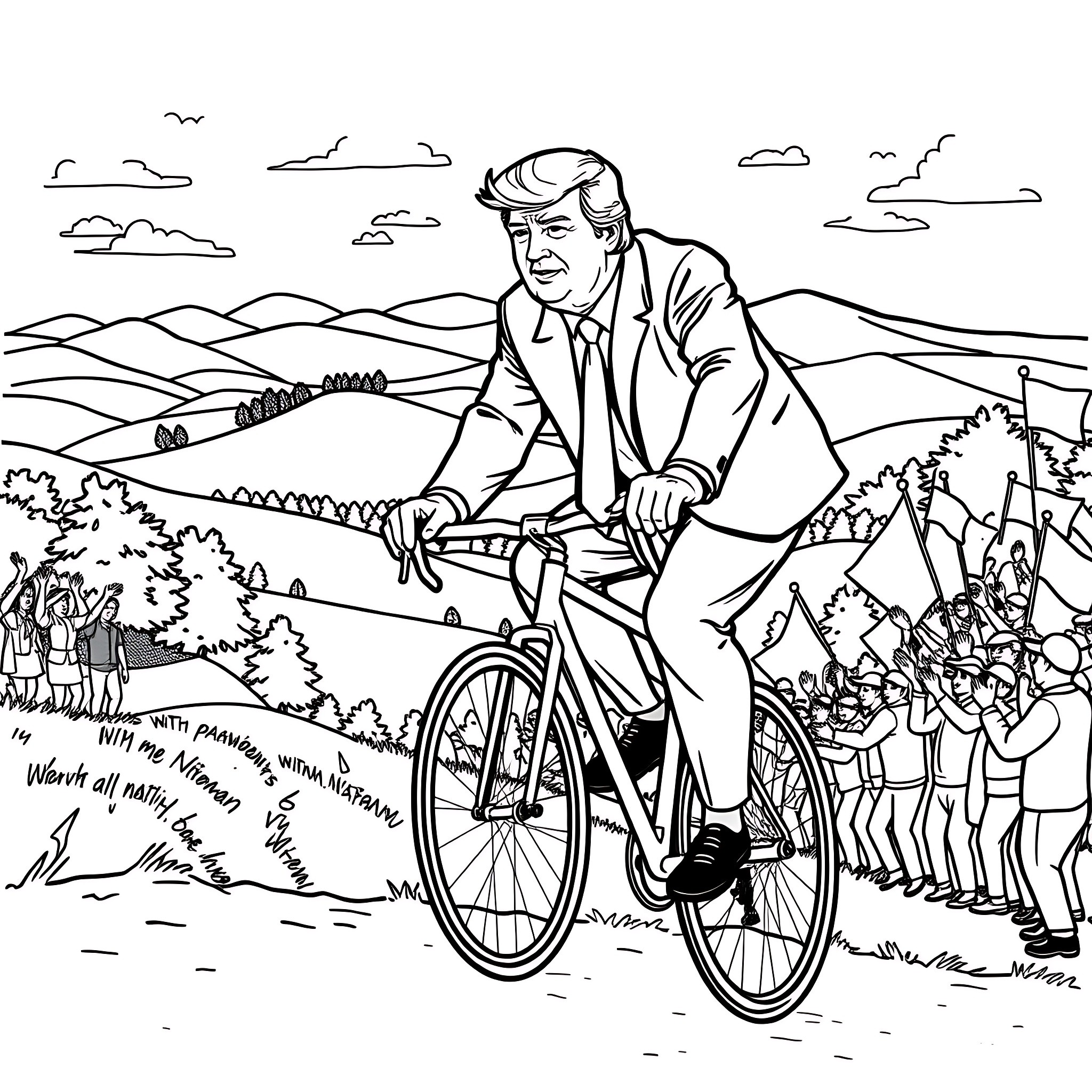 Donald Trump biking through the countryside with supporters Coloring Page (free black-and-white line drawing printable PDF for all, from beginners to advanced learners, including children, teens, adults, and seniors)