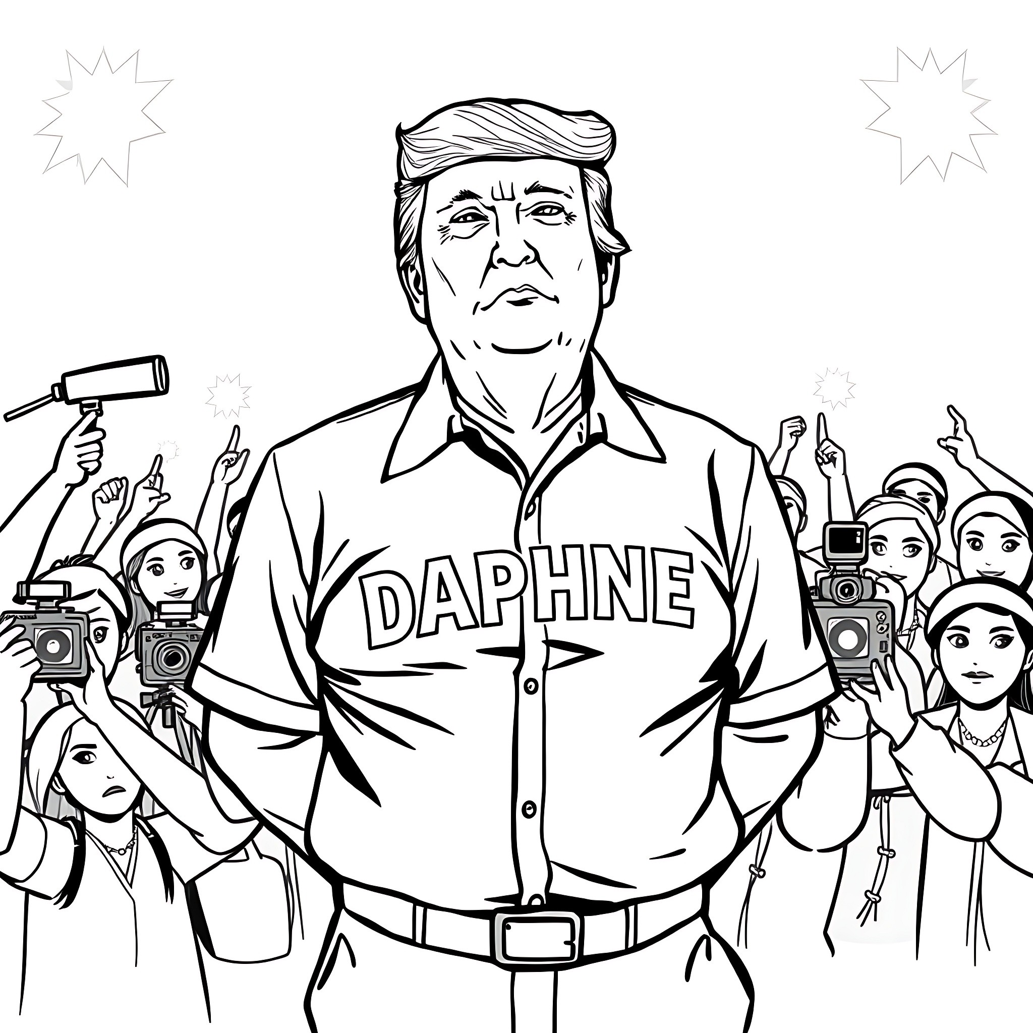 Donald Trump in Daphne shirt surrounded by paparazzi Coloring Page (free black-and-white line drawing printable PDF for all, from beginners to advanced learners, including children, teens, adults, and seniors)