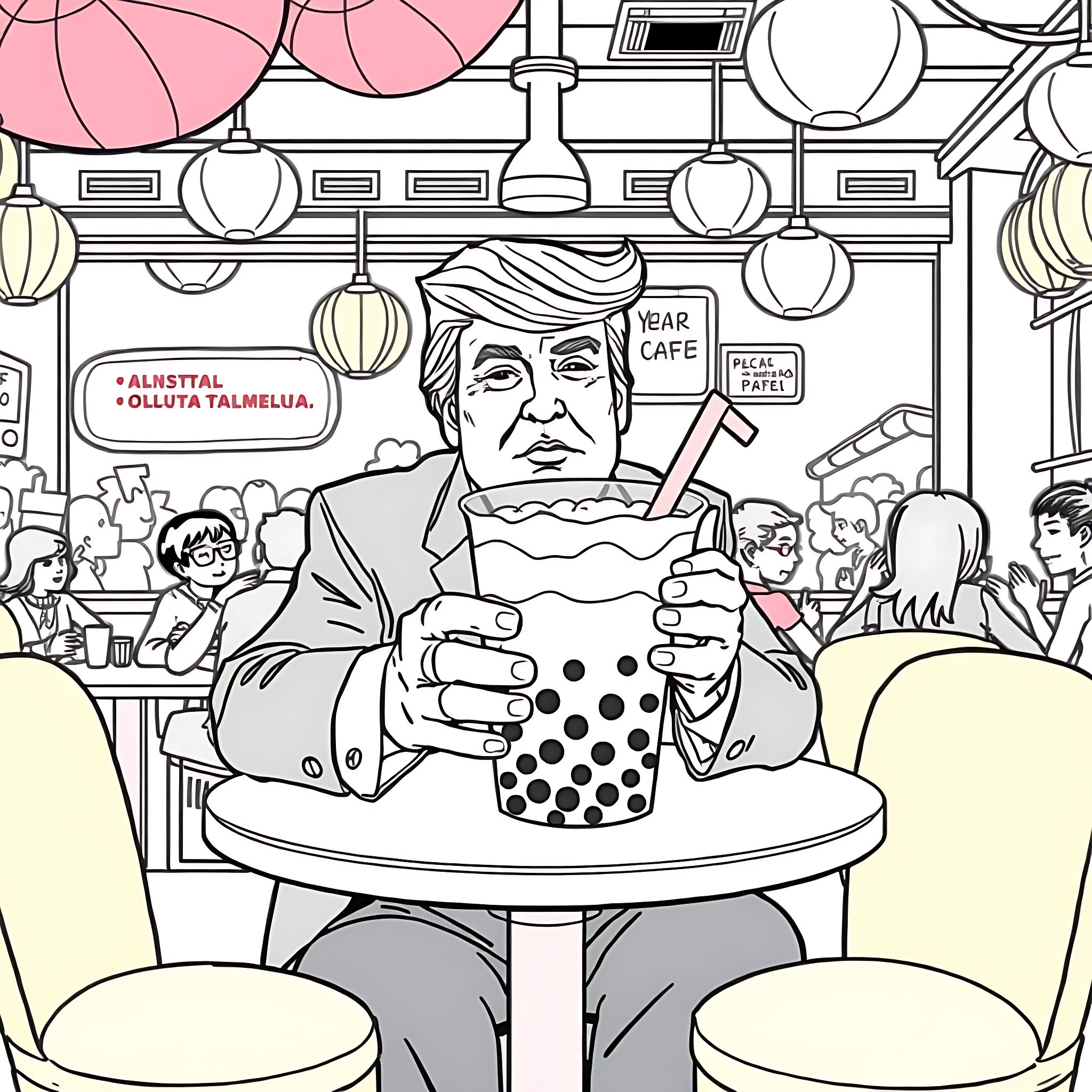Donald Trump Sipping Tea at Cafe in Colorful Scene Coloring Page (free black-and-white line drawing printable PDF for all, from beginners to advanced learners, including children, teens, adults, and seniors)