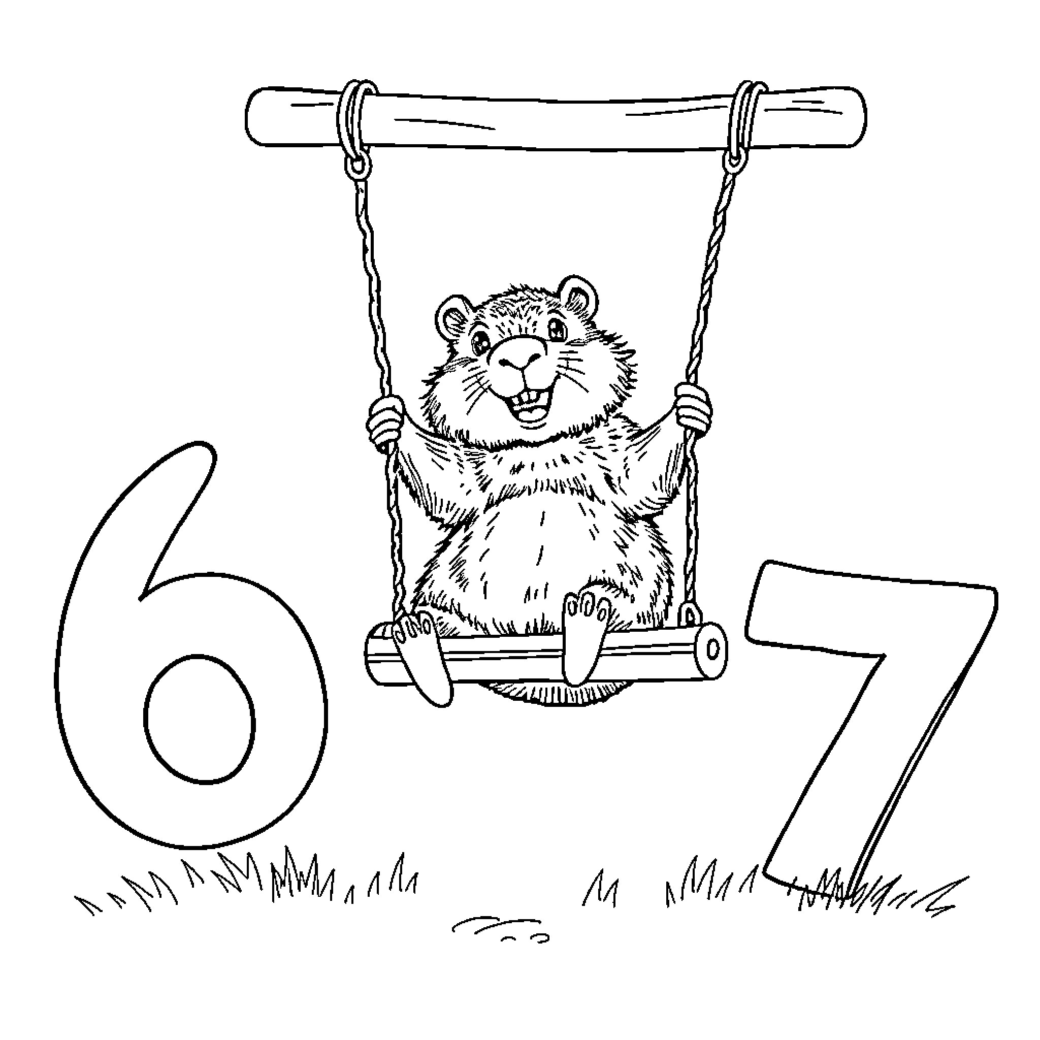 Capybara playing happily on a swing Coloring Page (free black-and-white line drawing printable PDF for all, from beginners to advanced learners, including children, teens, adults, and seniors)