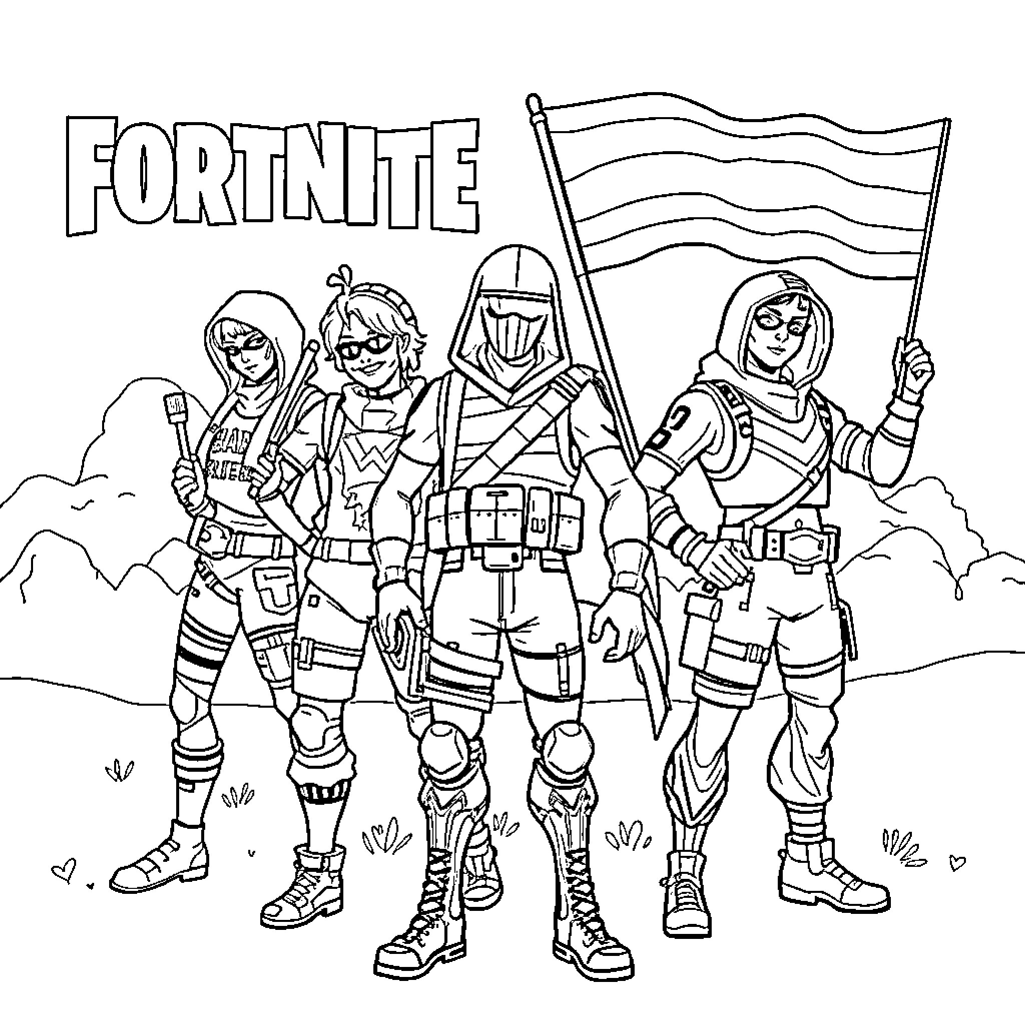 Fortnite characters in action posing with flag Coloring Page (free black-and-white line drawing printable PDF for all, from beginners to advanced learners, including children, teens, adults, and seniors)