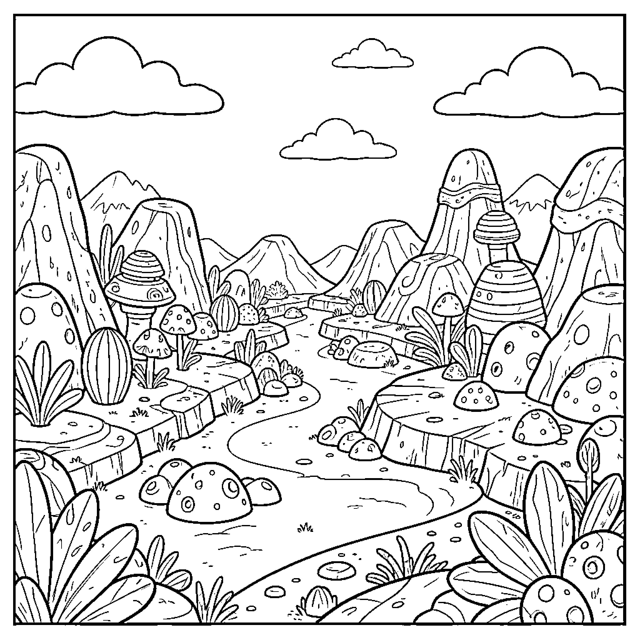 3D Whimsical Mushroom Fantasy Landscape Coloring Page (free black-and-white line drawing printable PDF for all, from beginners to advanced learners, including children, teens, adults, and seniors)