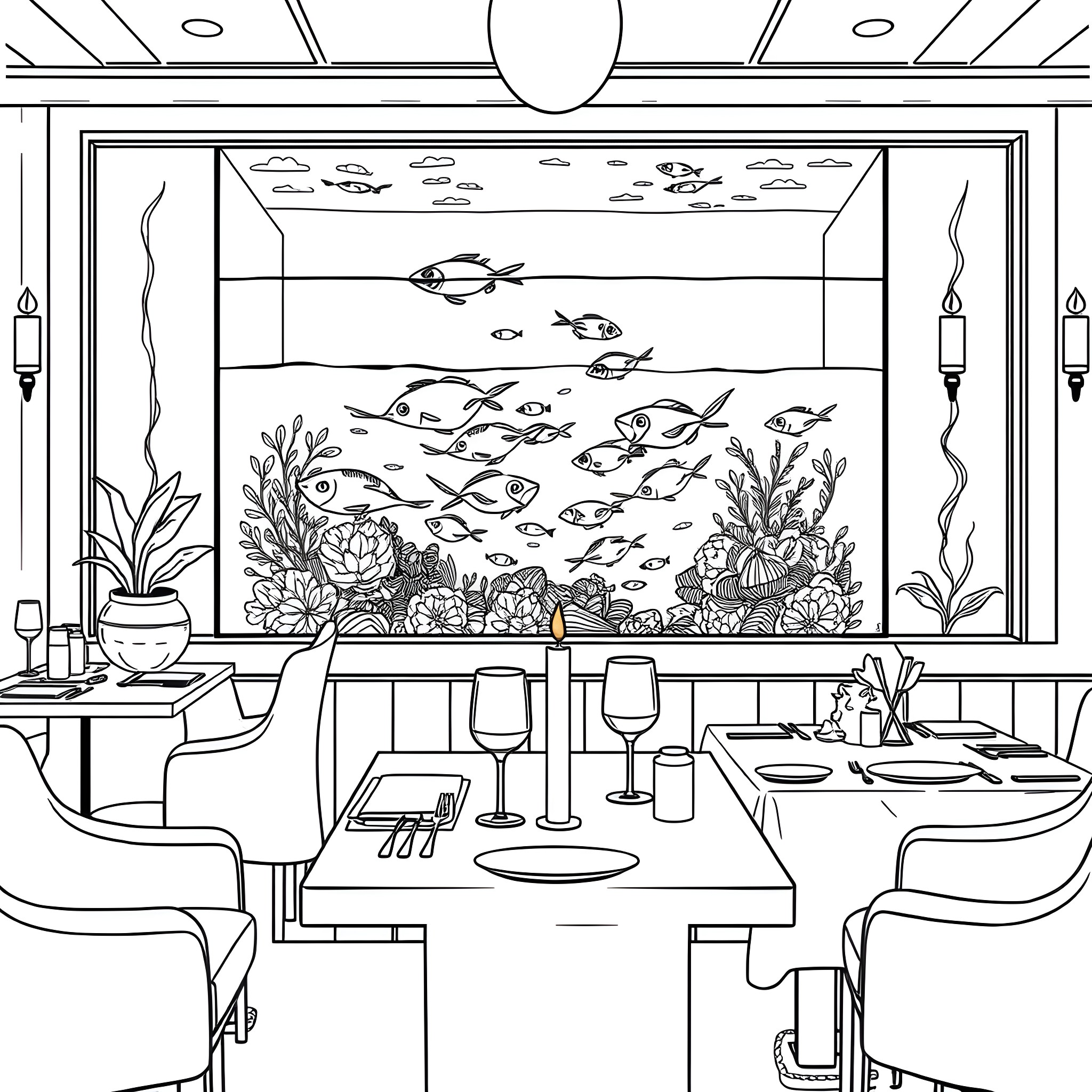 Fish swimming in a restaurant aquarium Coloring Page (free black-and-white line drawing printable PDF for all, from beginners to advanced learners, including children, teens, adults, and seniors)