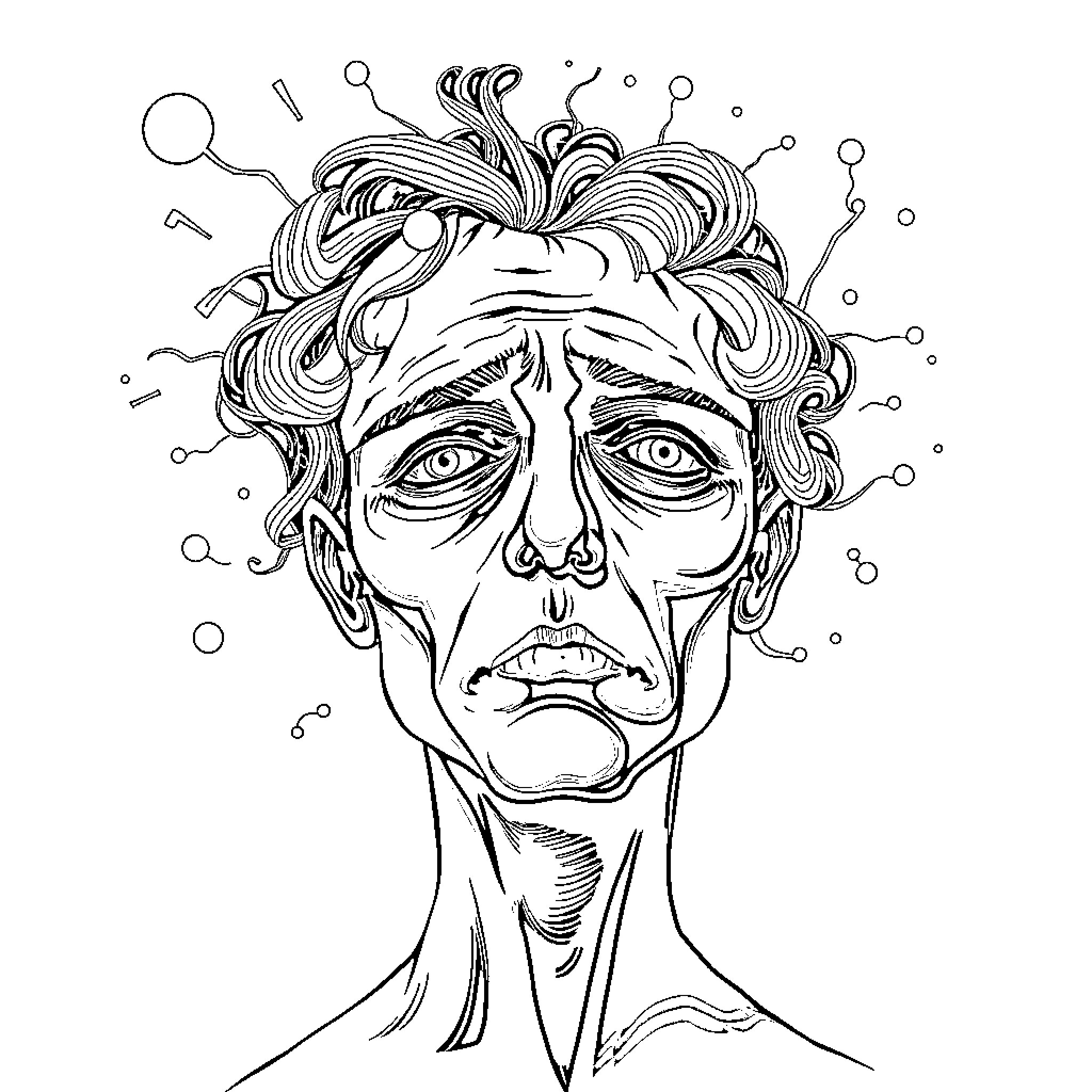 Brain in a state of deep thought Coloring Page (free black-and-white line drawing printable PDF for all, from beginners to advanced learners, including children, teens, adults, and seniors)