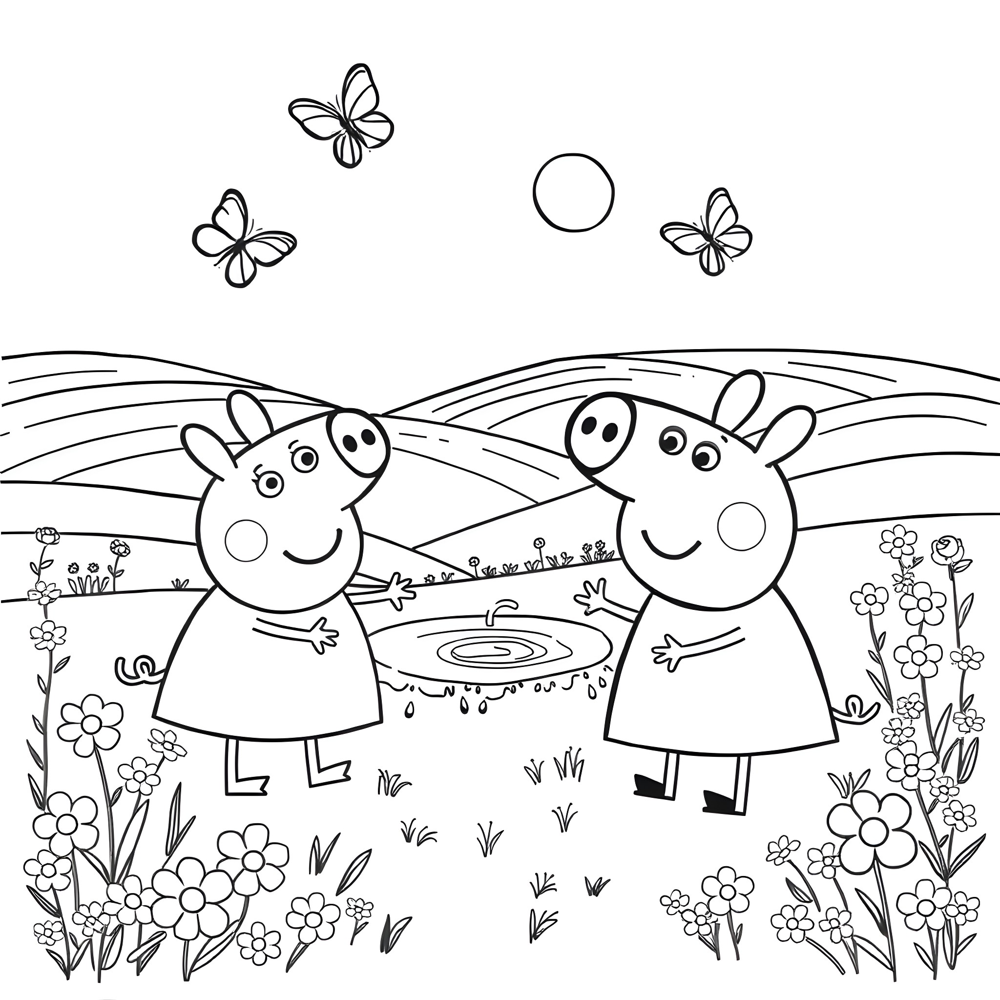 Pig friends playing happily in a meadow Coloring Page (free black-and-white line drawing printable PDF for all, from beginners to advanced learners, including children, teens, adults, and seniors)