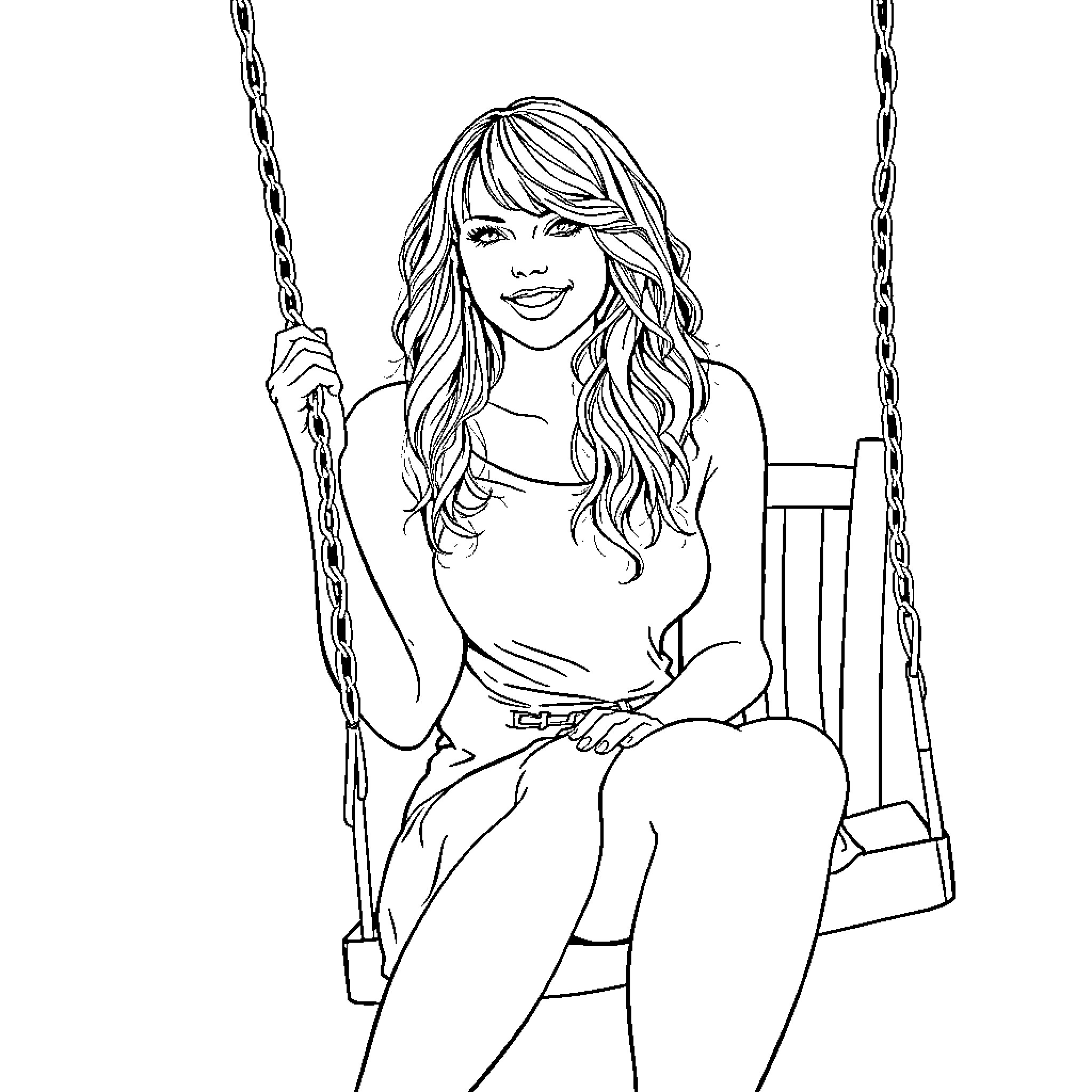 Taylor Swift sitting on a swing with a cheerful expression Coloring Page (free black-and-white line drawing printable PDF for all, from beginners to advanced learners, including children, teens, adults, and seniors)