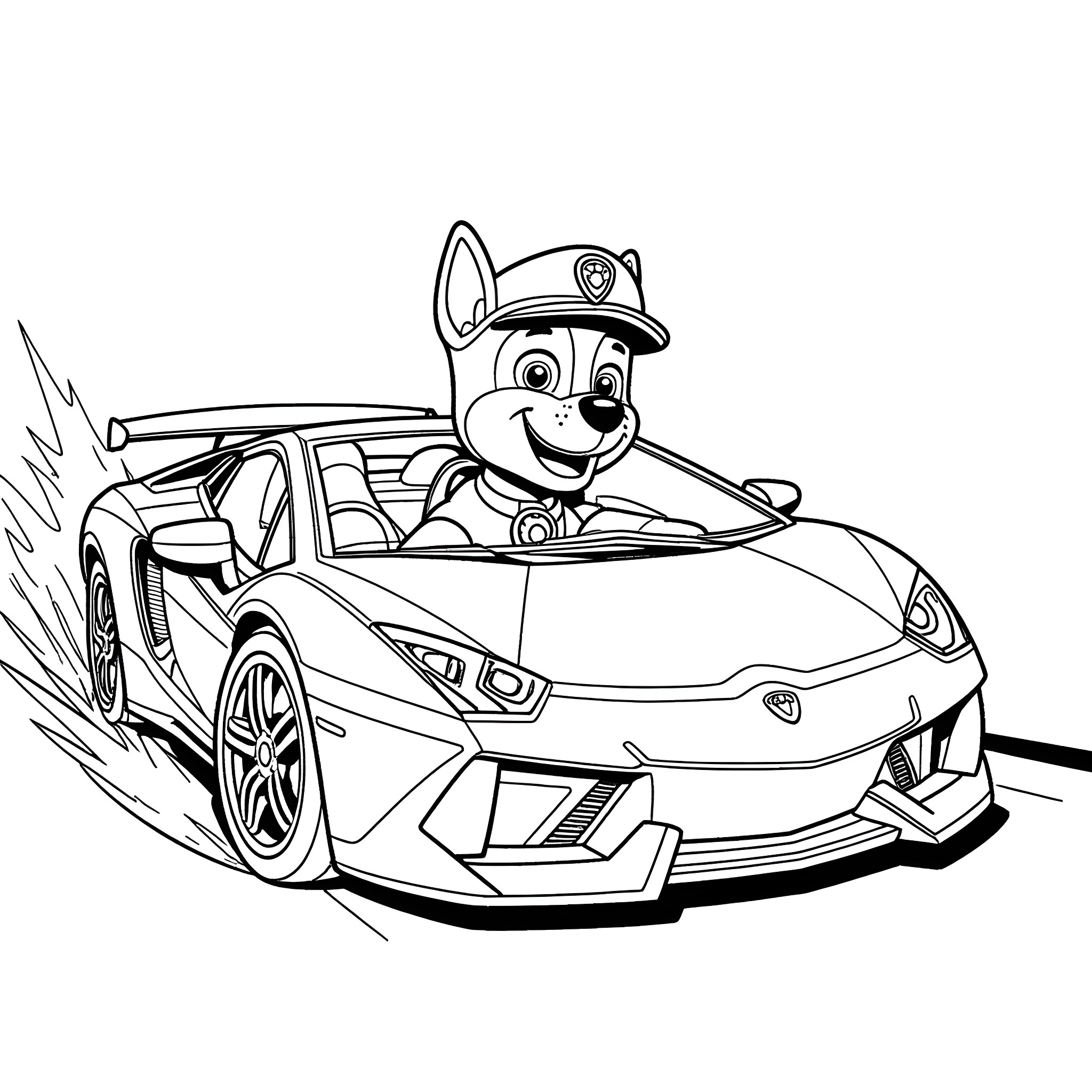 Chase of a high-speed police car with dog officer Coloring Page (free black-and-white line drawing printable PDF for all, from beginners to advanced learners, including children, teens, adults, and seniors)