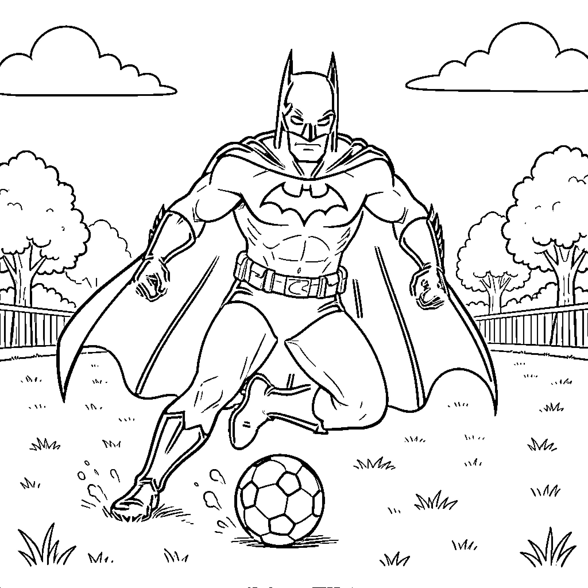 Batman playing soccer in a park Coloring Page (free black-and-white line drawing printable PDF for all, from beginners to advanced learners, including children, teens, adults, and seniors)
