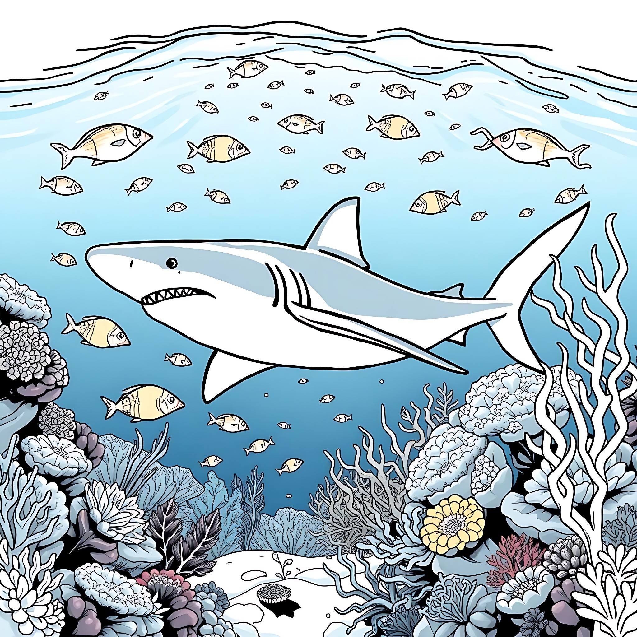 Shark hunting among vibrant coral reef Coloring Page (free black-and-white line drawing printable PDF for all, from beginners to advanced learners, including children, teens, adults, and seniors)