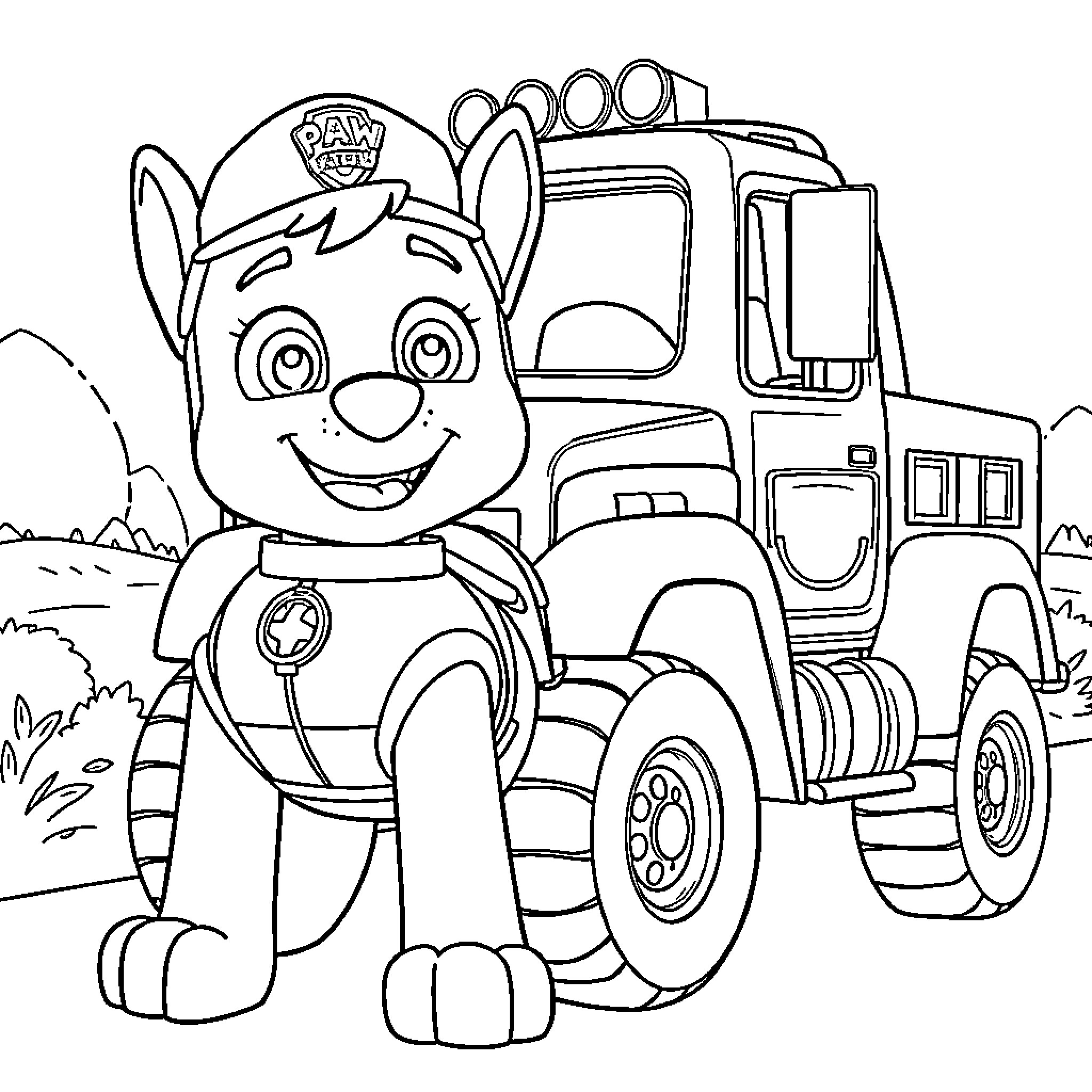 Ruben the Paw Patrol Pup Posing with a Truck Coloring Page (free black-and-white line drawing printable PDF for all, from beginners to advanced learners, including children, teens, adults, and seniors)