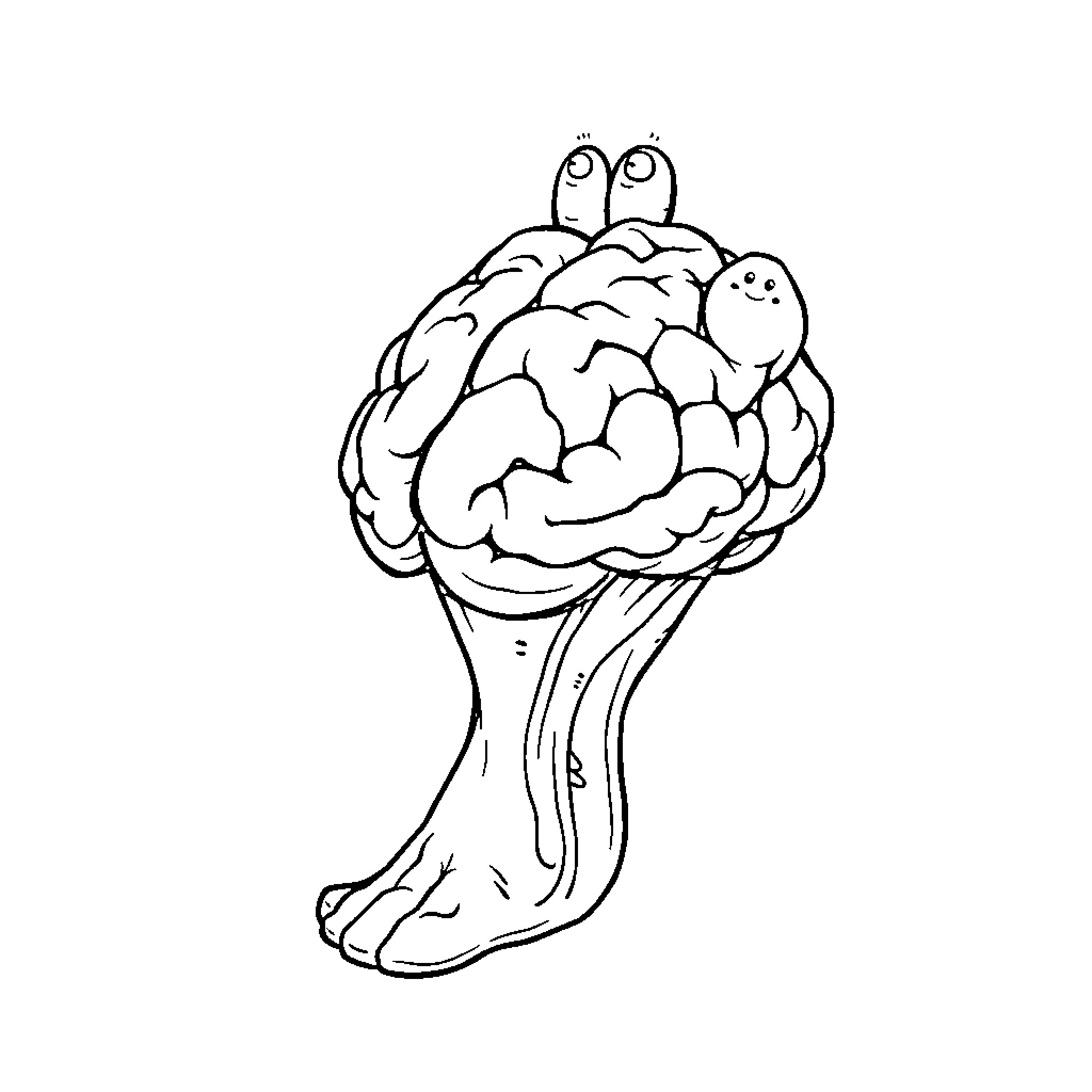 Brain with Expressive Eyes and Whimsical Appearance Coloring Page (free black-and-white line drawing printable PDF for all, from beginners to advanced learners, including children, teens, adults, and seniors)