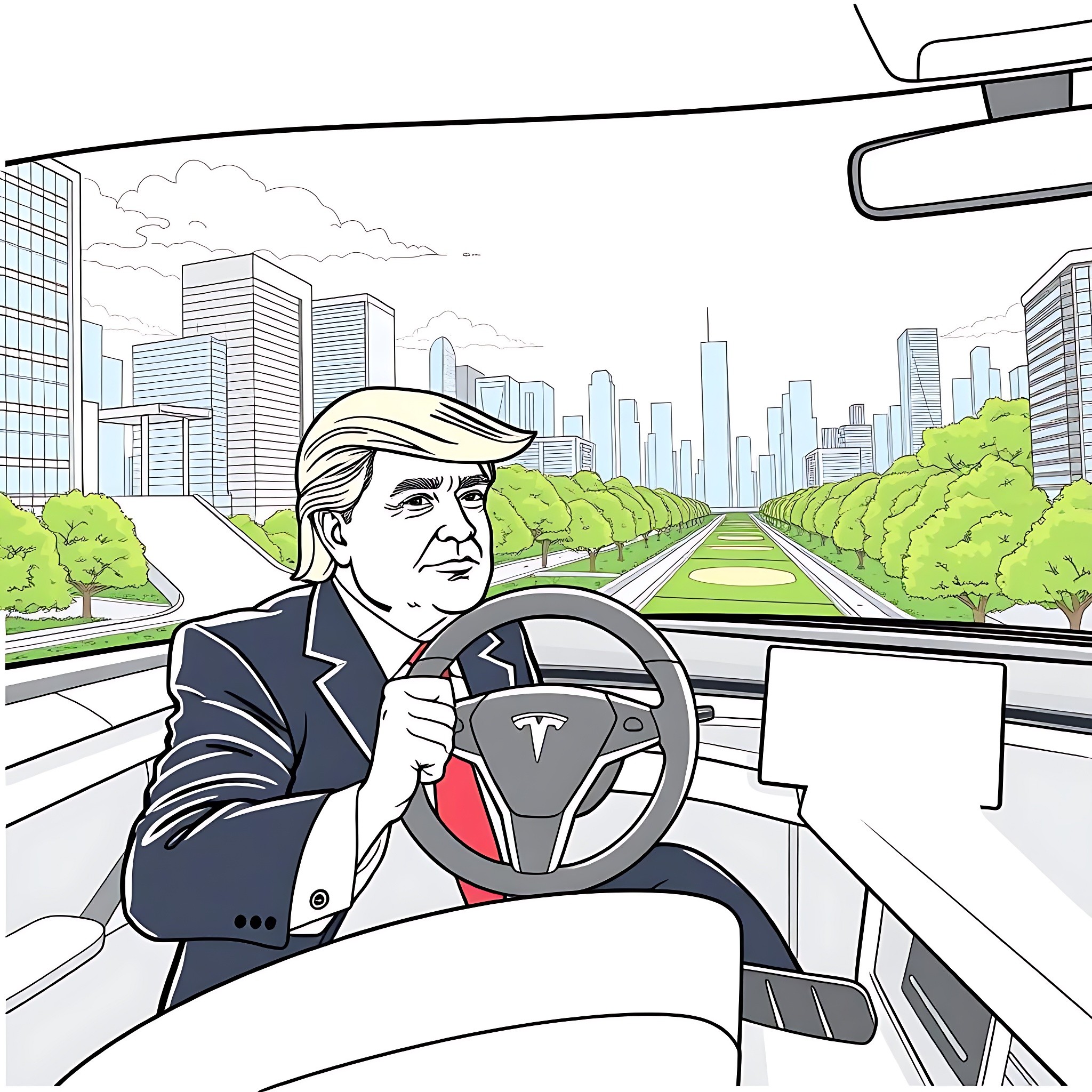 Trump driving an electric car in the city Coloring Page (free black-and-white line drawing printable PDF for all, from beginners to advanced learners, including children, teens, adults, and seniors)