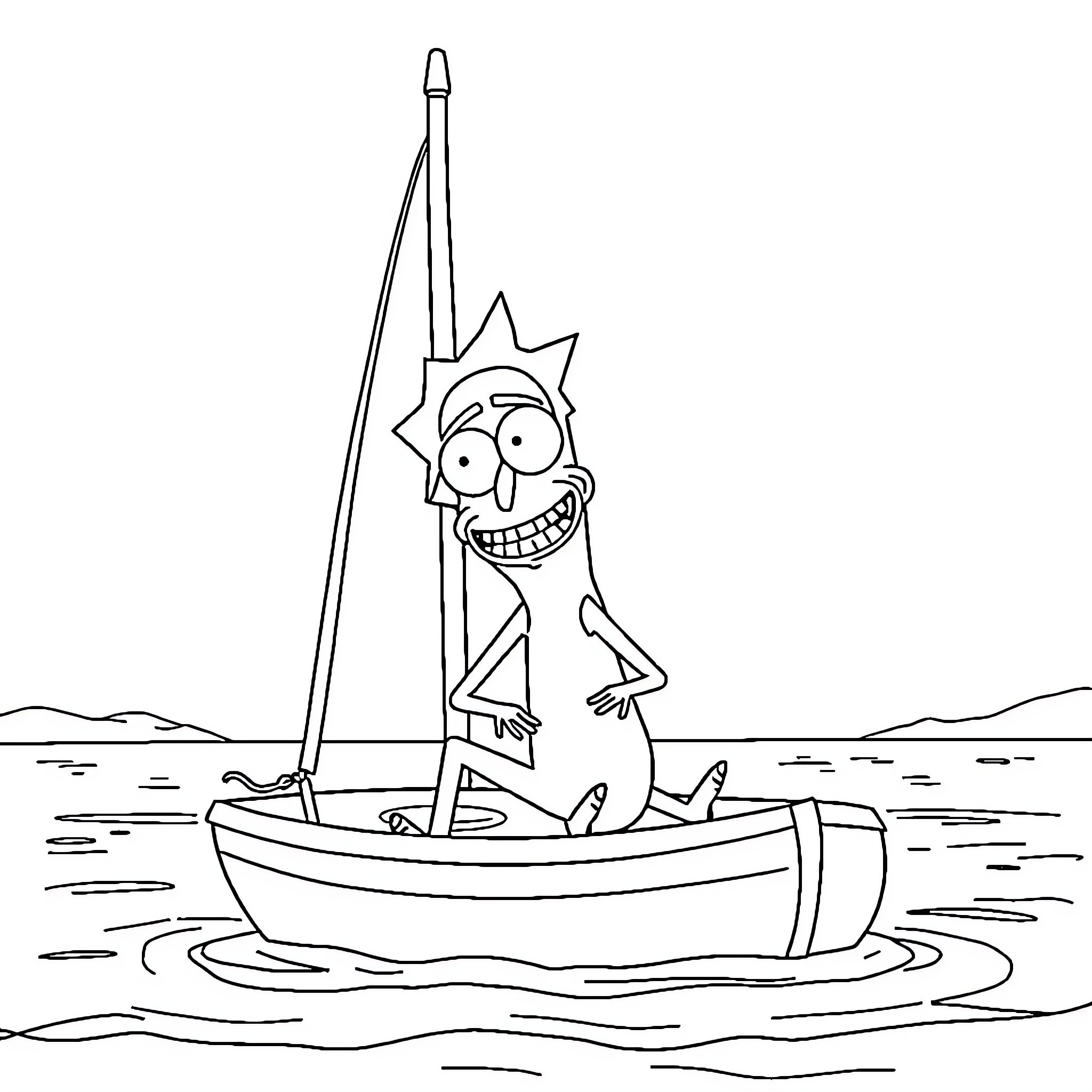 Pickle Rick sailing on a makeshift boat Coloring Page (free black-and-white line drawing printable PDF for all, from beginners to advanced learners, including children, teens, adults, and seniors)
