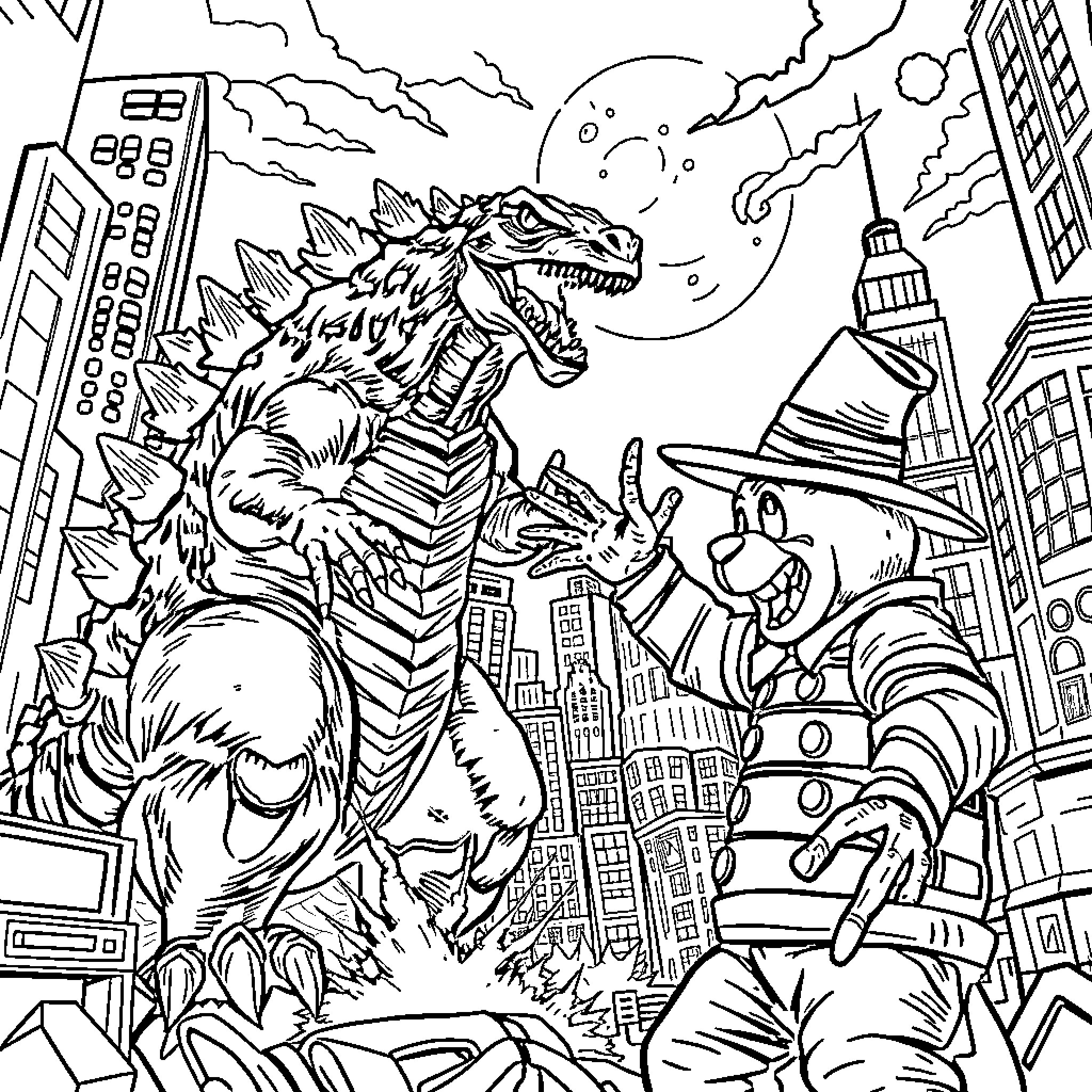Godzilla Rampaging Through the City at Night Coloring Page (free black-and-white line drawing printable PDF for all, from beginners to advanced learners, including children, teens, adults, and seniors)
