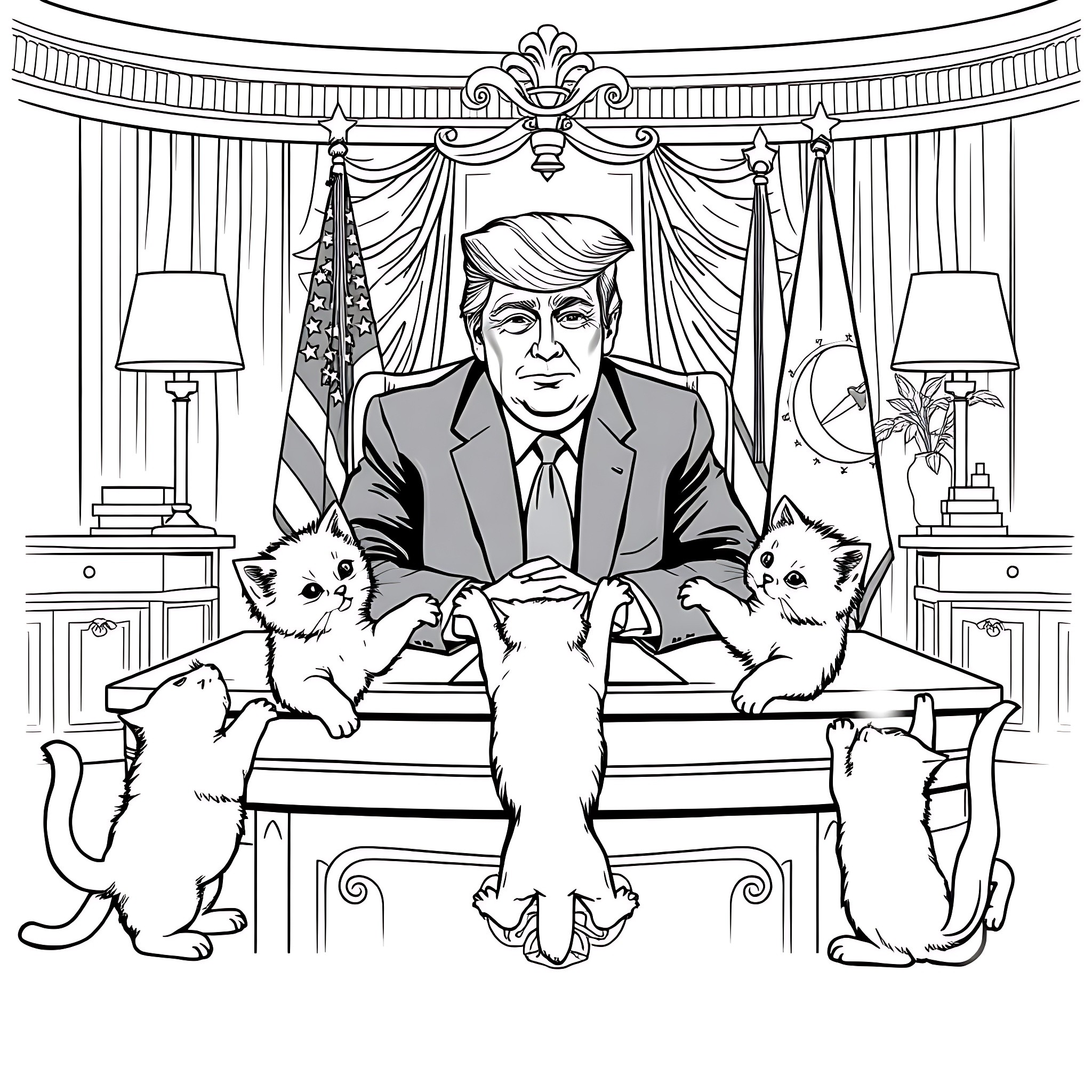 Donald Trump surrounded by cats in the Oval Office Coloring Page (free black-and-white line drawing printable PDF for all, from beginners to advanced learners, including children, teens, adults, and seniors)