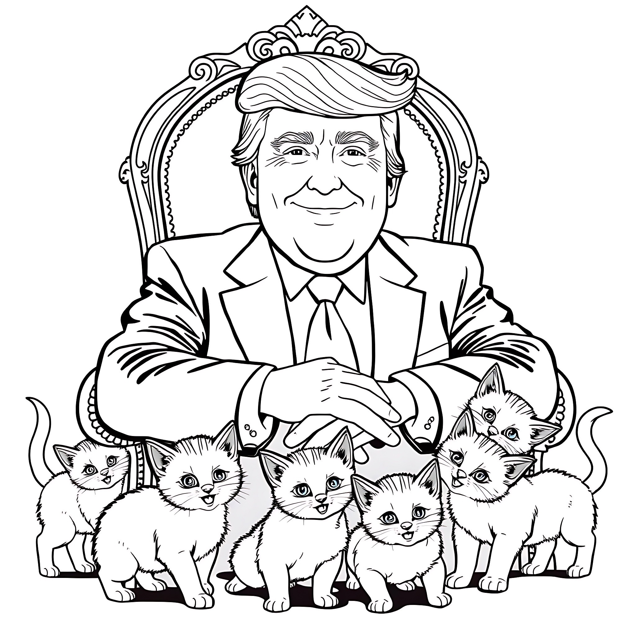 Donald Trump seated in regal chair surrounded by kittens Coloring Page (free black-and-white line drawing printable PDF for all, from beginners to advanced learners, including children, teens, adults, and seniors)