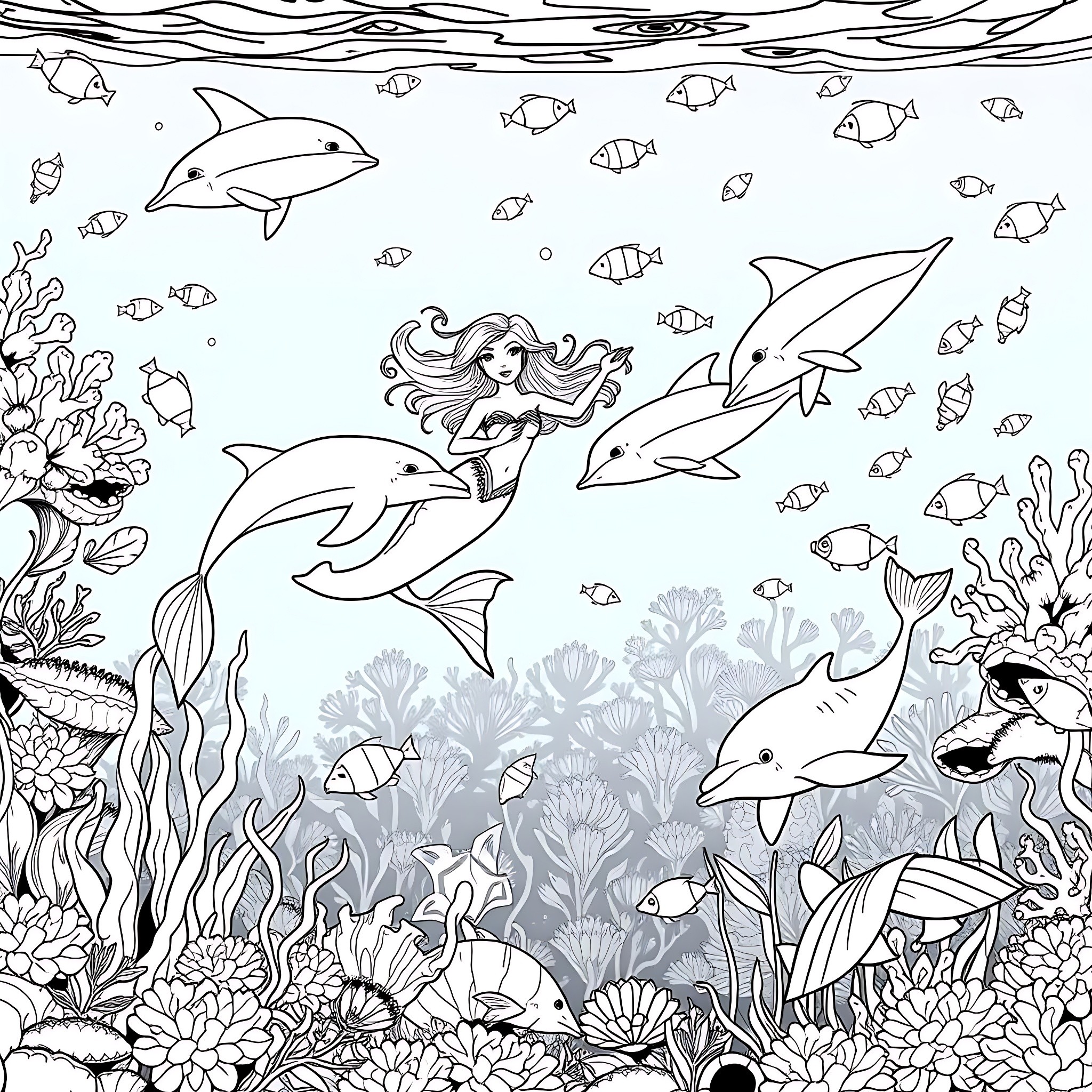 Mermaid swimming playfully with dolphins in the ocean Coloring Page (free black-and-white line drawing printable PDF for all, from beginners to advanced learners, including children, teens, adults, and seniors)