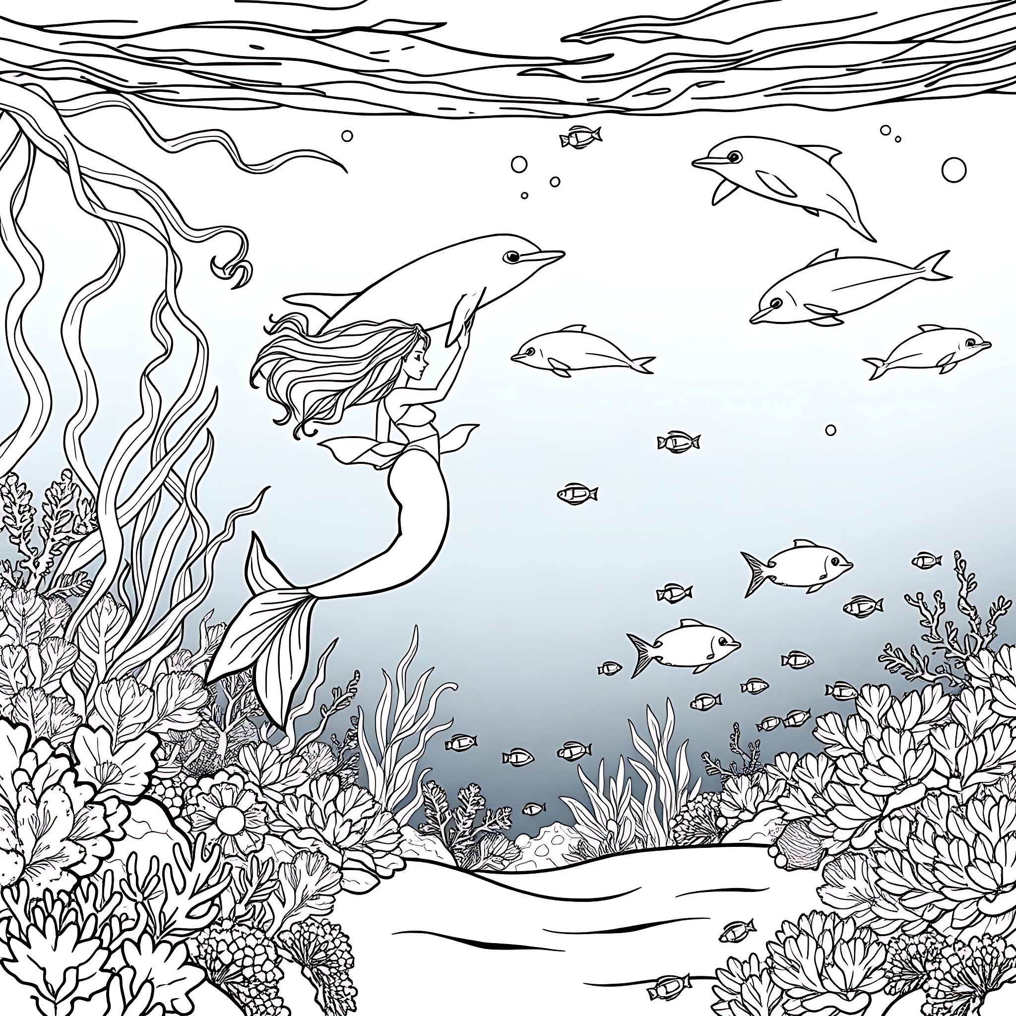 Mermaid swimming gracefully among sea creatures Coloring Page (free black-and-white line drawing printable PDF for all, from beginners to advanced learners, including children, teens, adults, and seniors)