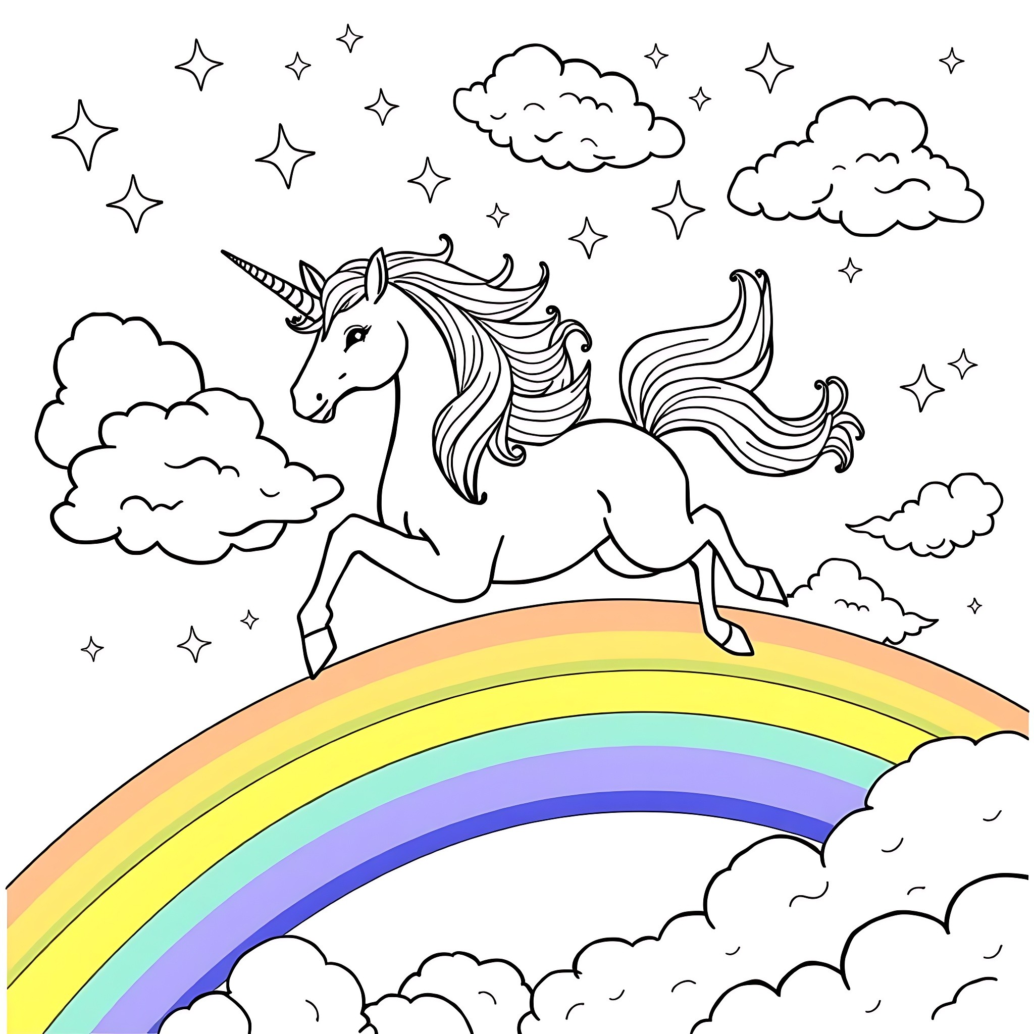 Unicorn galloping across a colorful rainbow in the sky Coloring Page (free black-and-white line drawing printable PDF for all, from beginners to advanced learners, including children, teens, adults, and seniors)