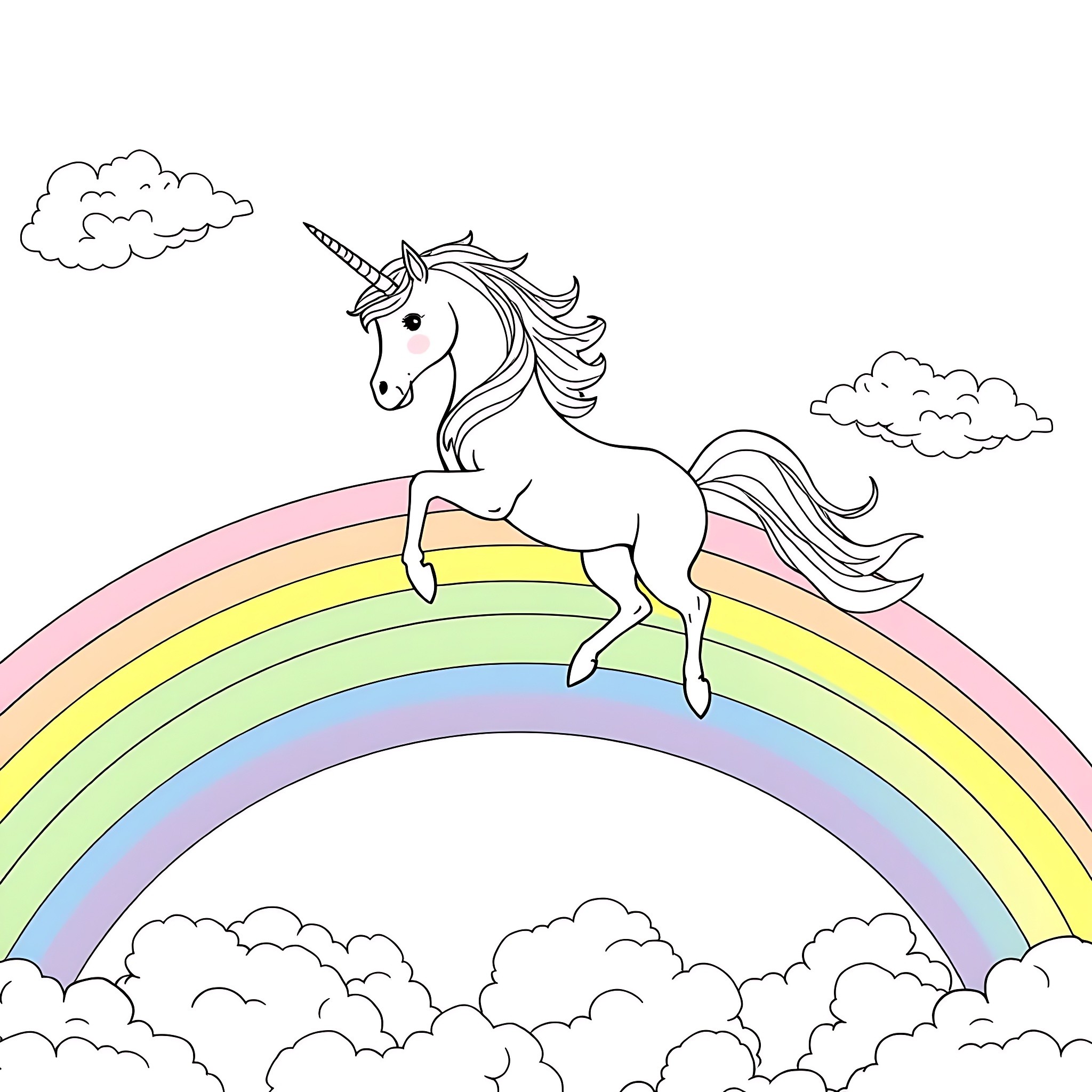 Unicorn Leaping Joyfully across Rainbow Sky Coloring Page (free black-and-white line drawing printable PDF for all, from beginners to advanced learners, including children, teens, adults, and seniors)