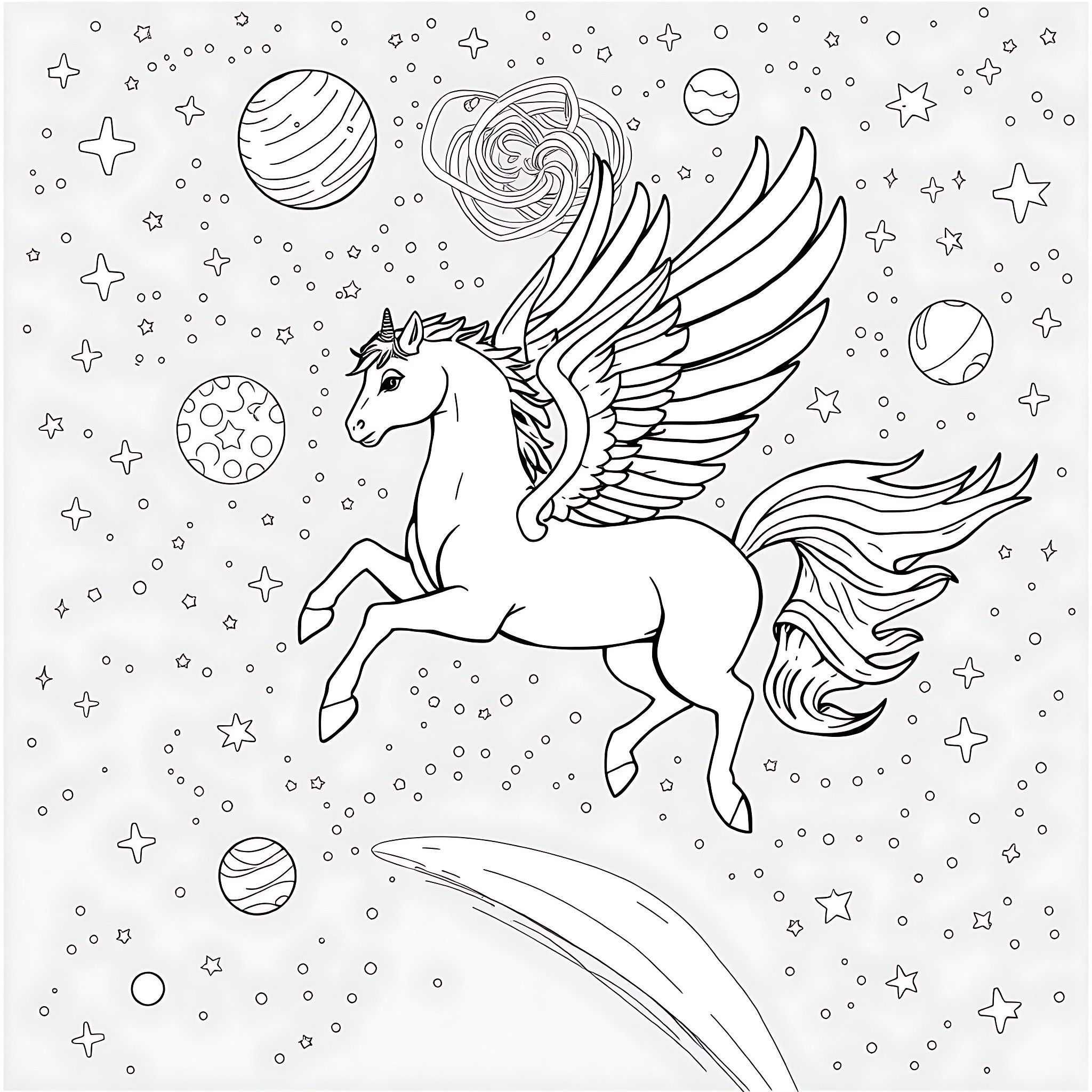 Pegasus soaring through a cosmic starry sky Coloring Page (free black-and-white line drawing printable PDF for all, from beginners to advanced learners, including children, teens, adults, and seniors)