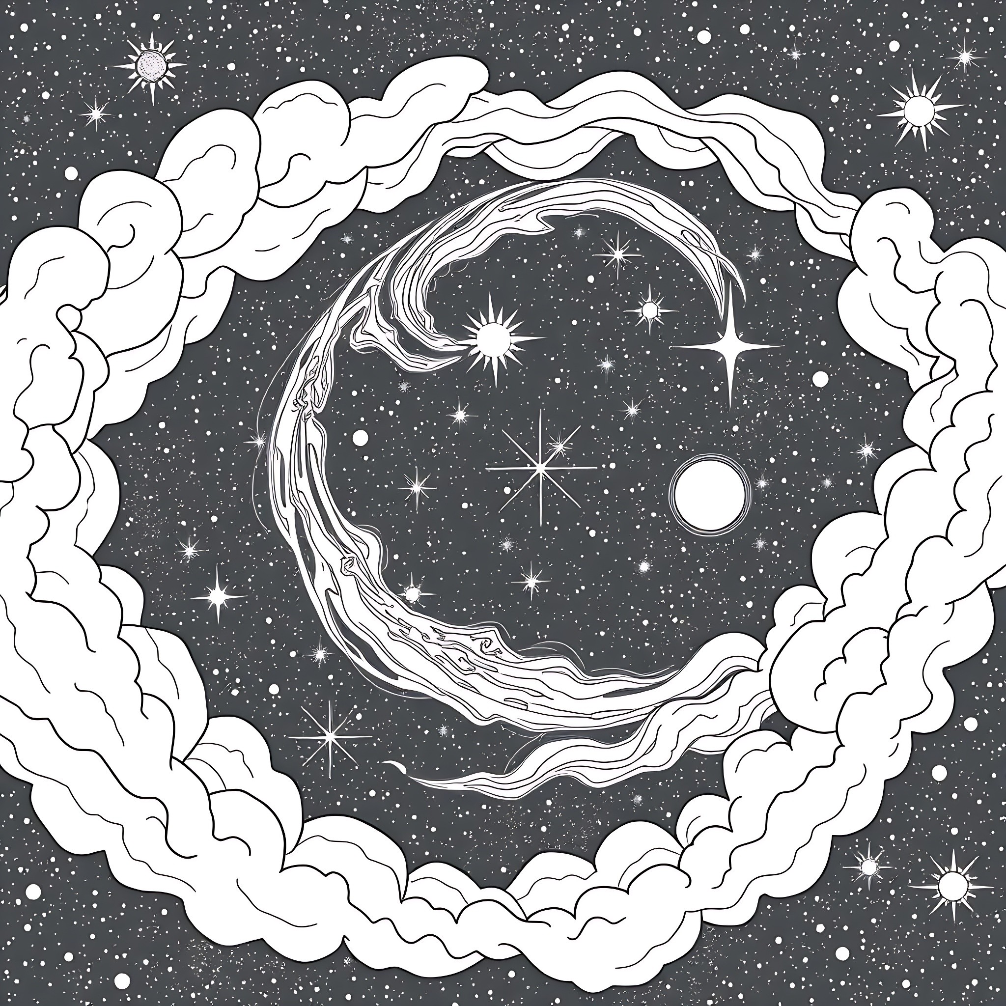 Celestial Moon and Stars Amidst Wispy Clouds Coloring Page (free black-and-white line drawing printable PDF for all, from beginners to advanced learners, including children, teens, adults, and seniors)